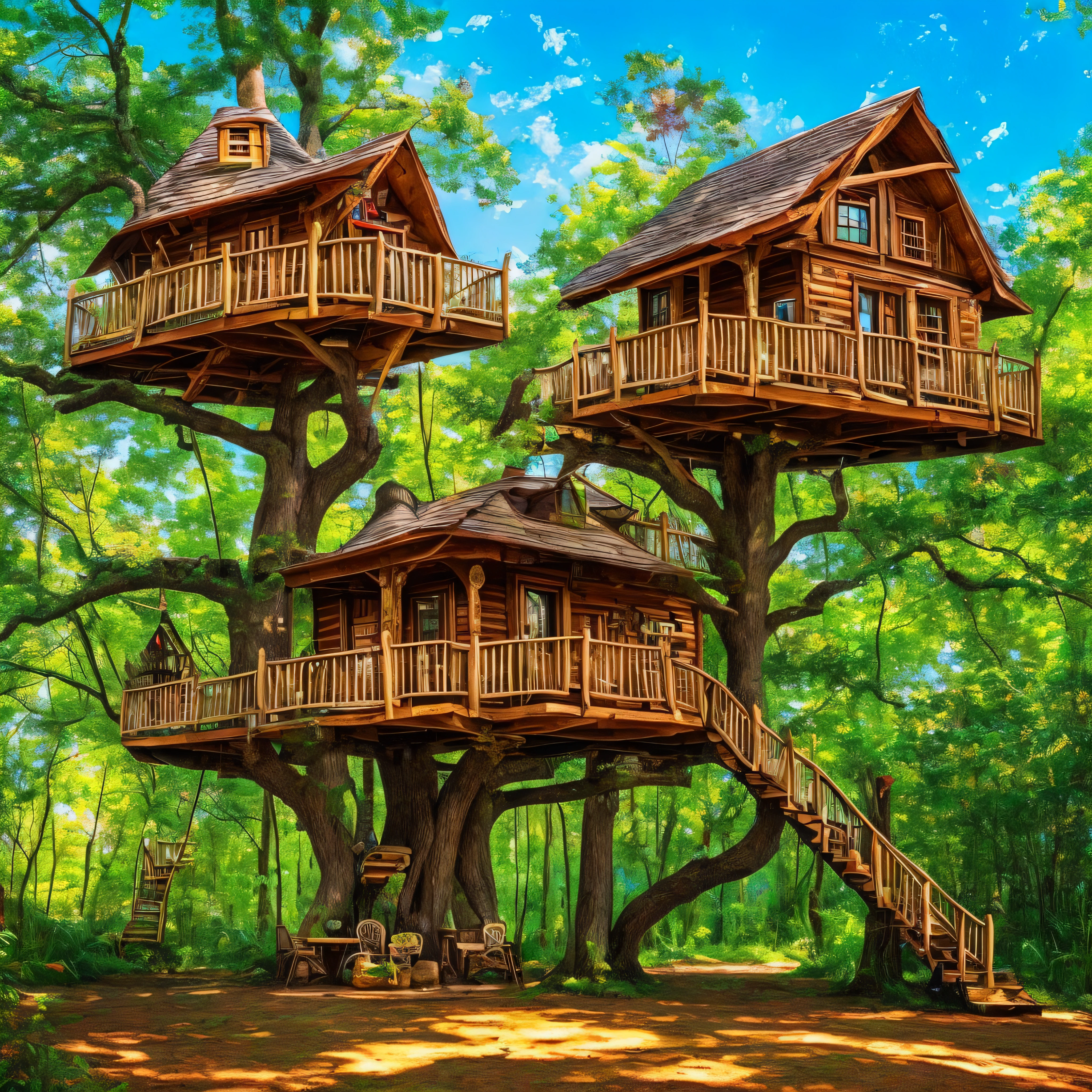 tree house in the middle of the forest with fairies and gnomes Expressionism --auto