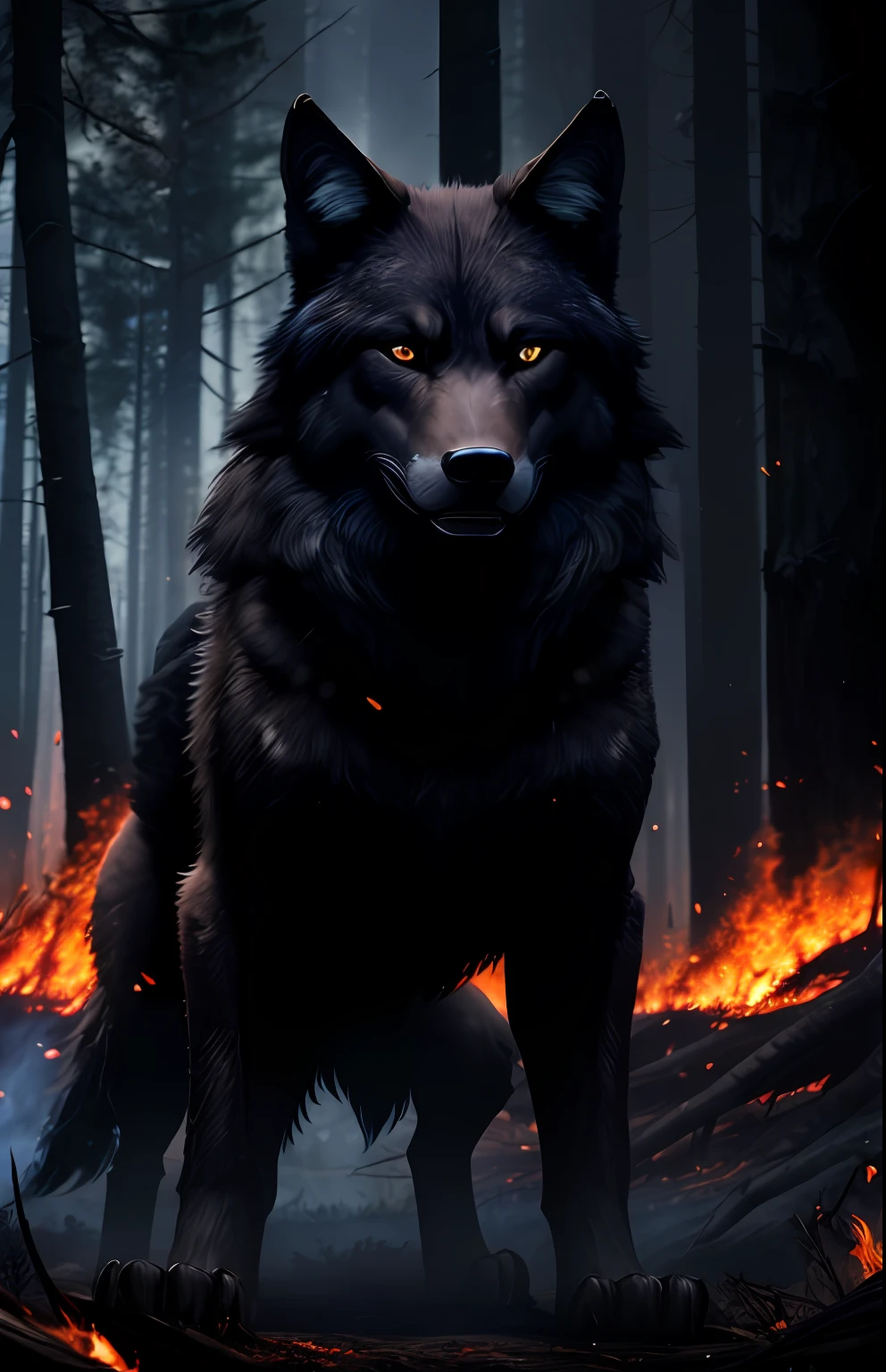 (((work of art))), better quality, Detailed CG illustration, mystical and mysterious figure of a black wolf, fierce and intimidating expression, in an angry pose, defined wolf muscles, dark background of a burning forest with effects passing through the screen, blue energy coming out of the wolf