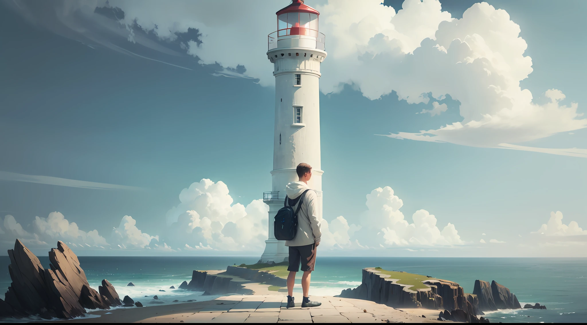 A young man, standing around the lighthouse with a satisfied expression, arrived at the bottom of the white crystal lighthouse, the white body, standing on the seaside hill, admiring its beauty and location.
