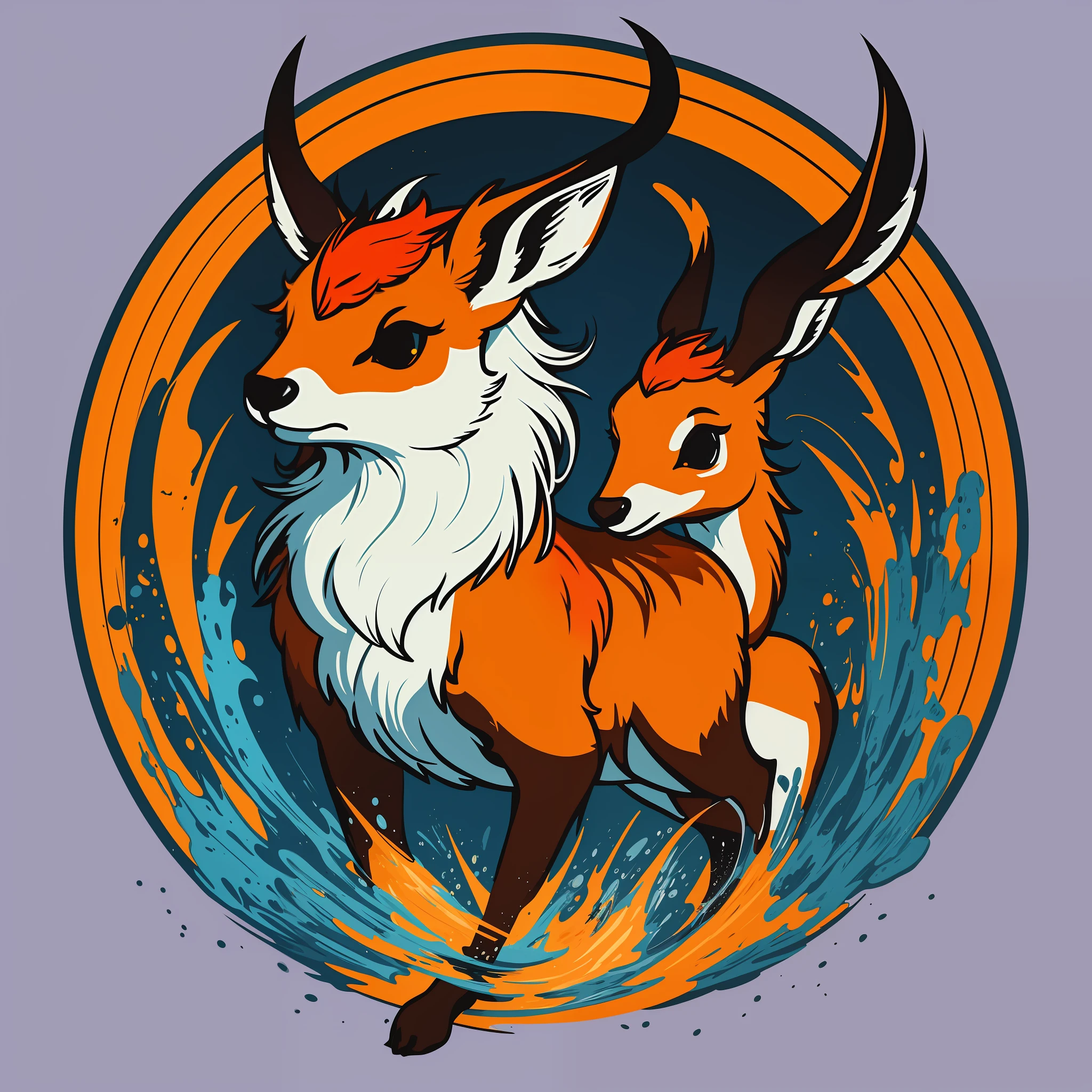[Bright Orange Cute Bambi] circular coat of arms silhouette, logo masking style illustration, Dan Mumford, Greg Rutkowski, James Jean, purple background, fantasy art, mysterious, realistic, majestic, rich vivid colors, high contrast, seamless water brand, art station, Deviant art, dribbling, Red Bubble, Tee Public, Sharp Focus, Simple, Hyper Detail, Detailed Drawing, Vectorization, Outline, Isometric Style, 8K.