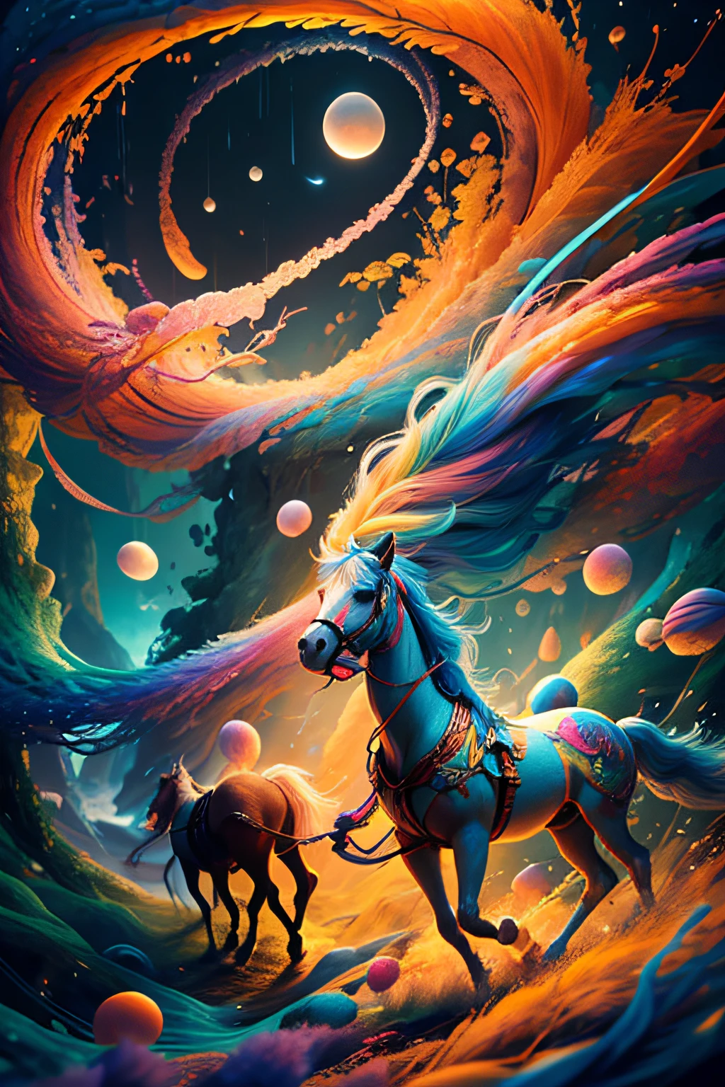 a painting of a colorful horse on a black background, breathtaking render, within a radiant connection, inspired by Kinuko Y. Craft,, magical elements, wow, The are beautiful, casting a multi colorful spell, bright flash, flash