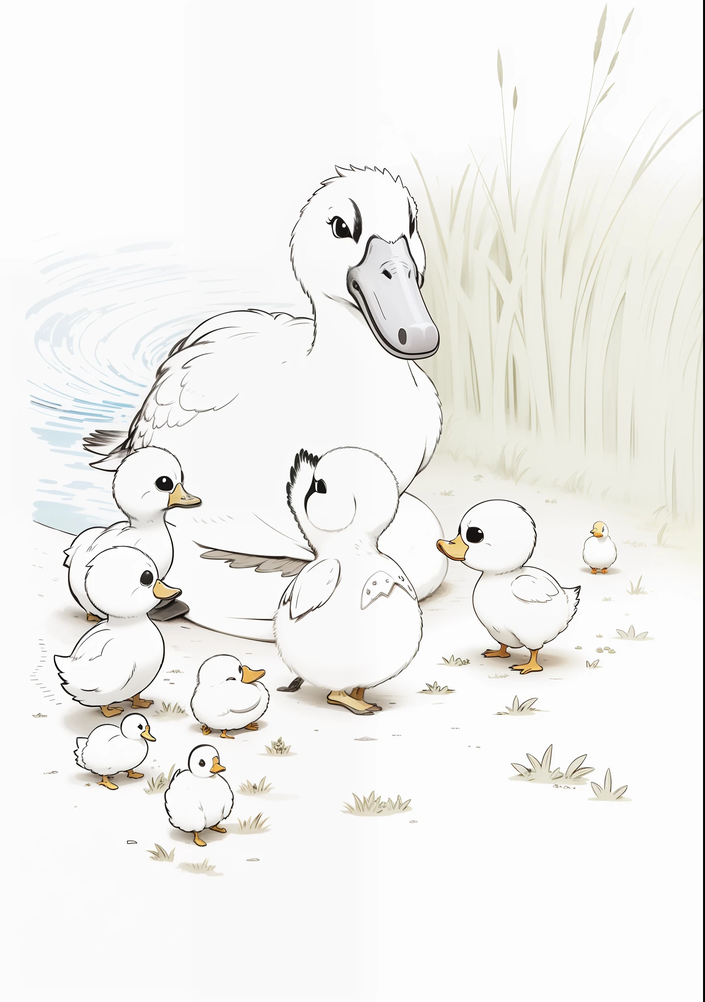 The ugly duckling was born, and the mother duck and the duckling were looking at it, and only the duckling was in the picture, and the ugly duckling was uglier than the other ducks