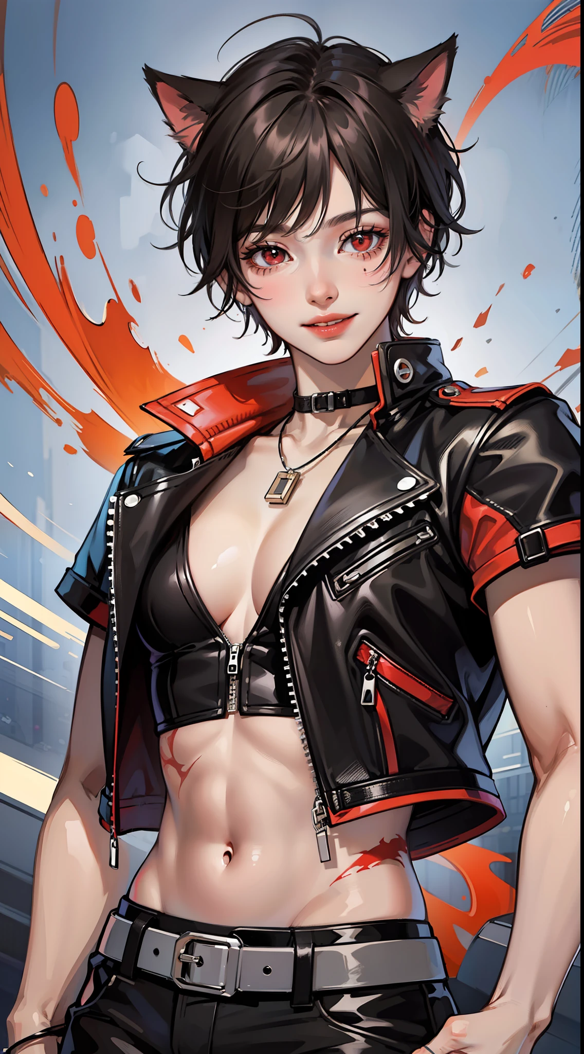 Young guy, short black hair, red eyes, cat ears, leather vest, open torso, pants, scars, smile, masterpiece, high quality