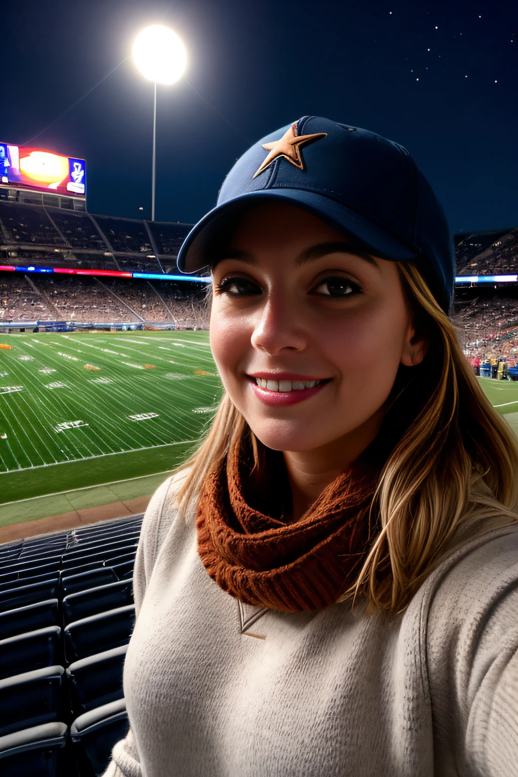 1 woman ((upper body selfie, happy)), masterpiece, best quality, ultra-detailed, solo, outdoor taking selfie from the bleachers of an empty football stadium (empty field background empty seats), with screen in the background high (night), (stars, moon) cheerful, happy, scarf, gloves, sweater, cap, contrast, clear sky, style, (warm hue, warm tone):  1.2), close-up, cinematic light, side lighting, ultra high resolution, best shadow, RAW, upper body, wearing pullover