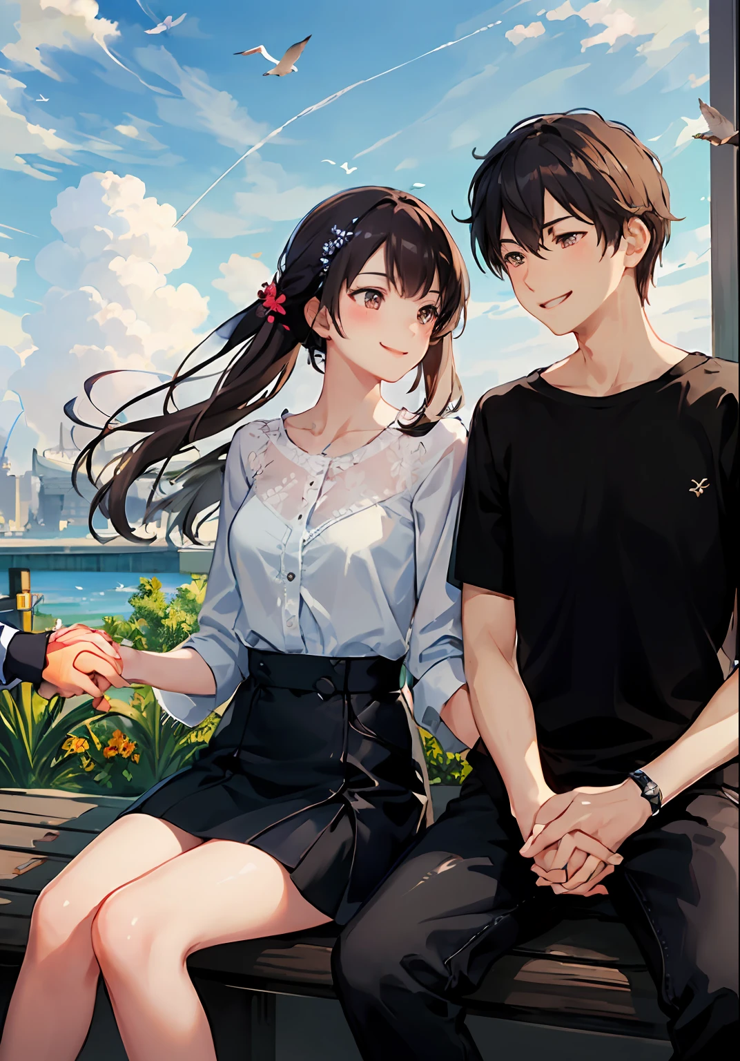 (masterpiece:1.3), best quality, official art, 1girl, 1boy, (cute:1.3), sitting on a park bench, (holding hands), smiling, blushing, (bright), (:D:0.6), sun light, cumulonimbus clouds, birds