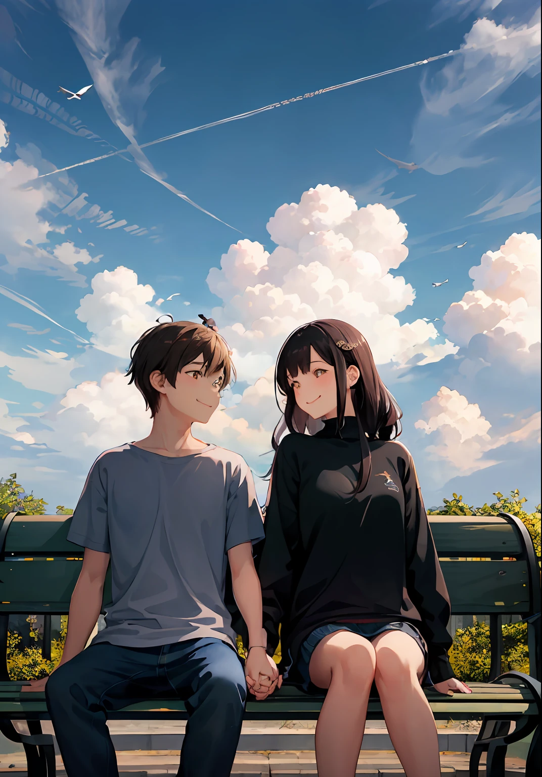 (masterpiece:1.3), best quality, official art, 1girl, 1boy, (cute:1.3), sitting on a park bench, (holding hands), smiling, blushing, (bright), (:D:0.6), sun light, cumulonimbus clouds, birds