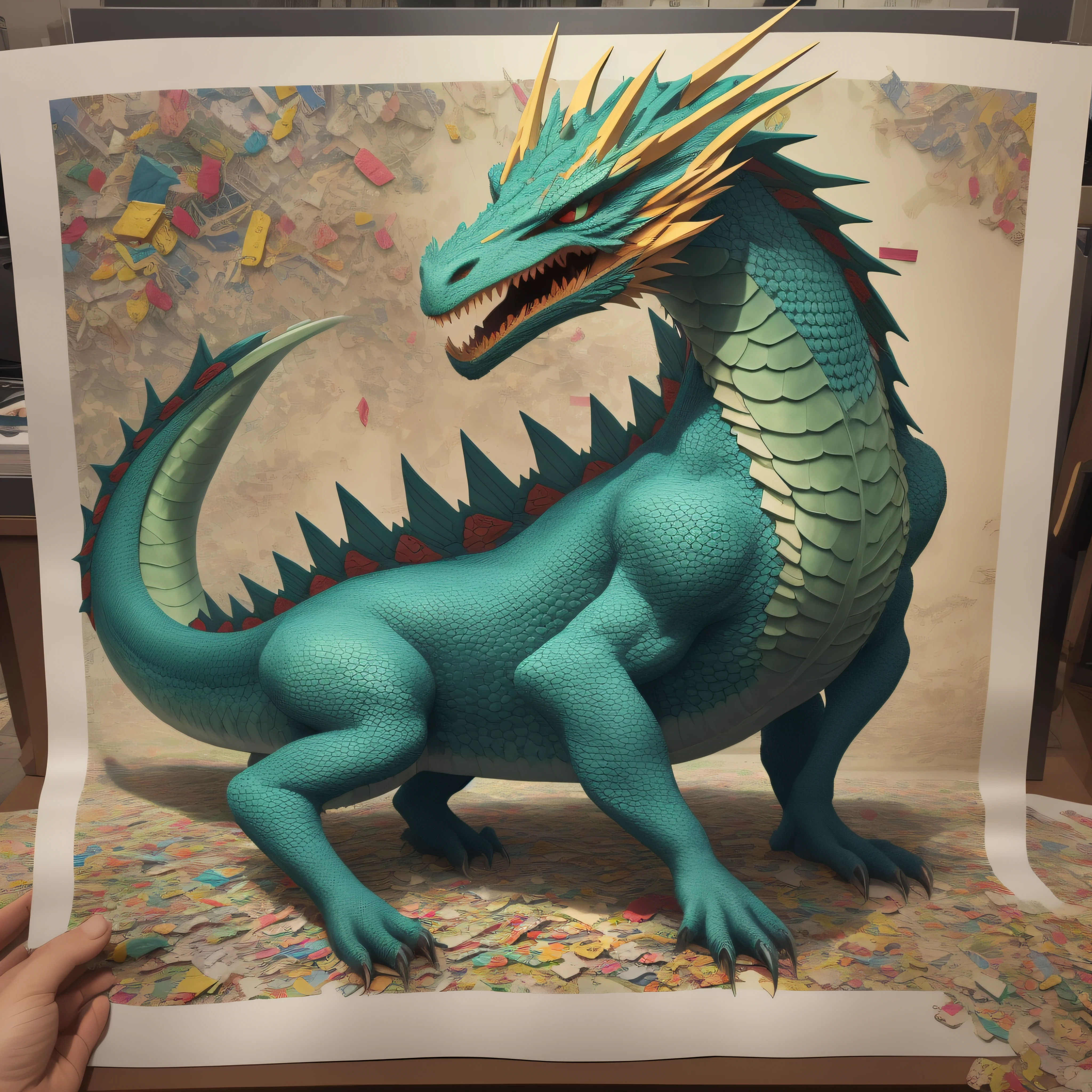 Dragon made of pieces of printed fabric