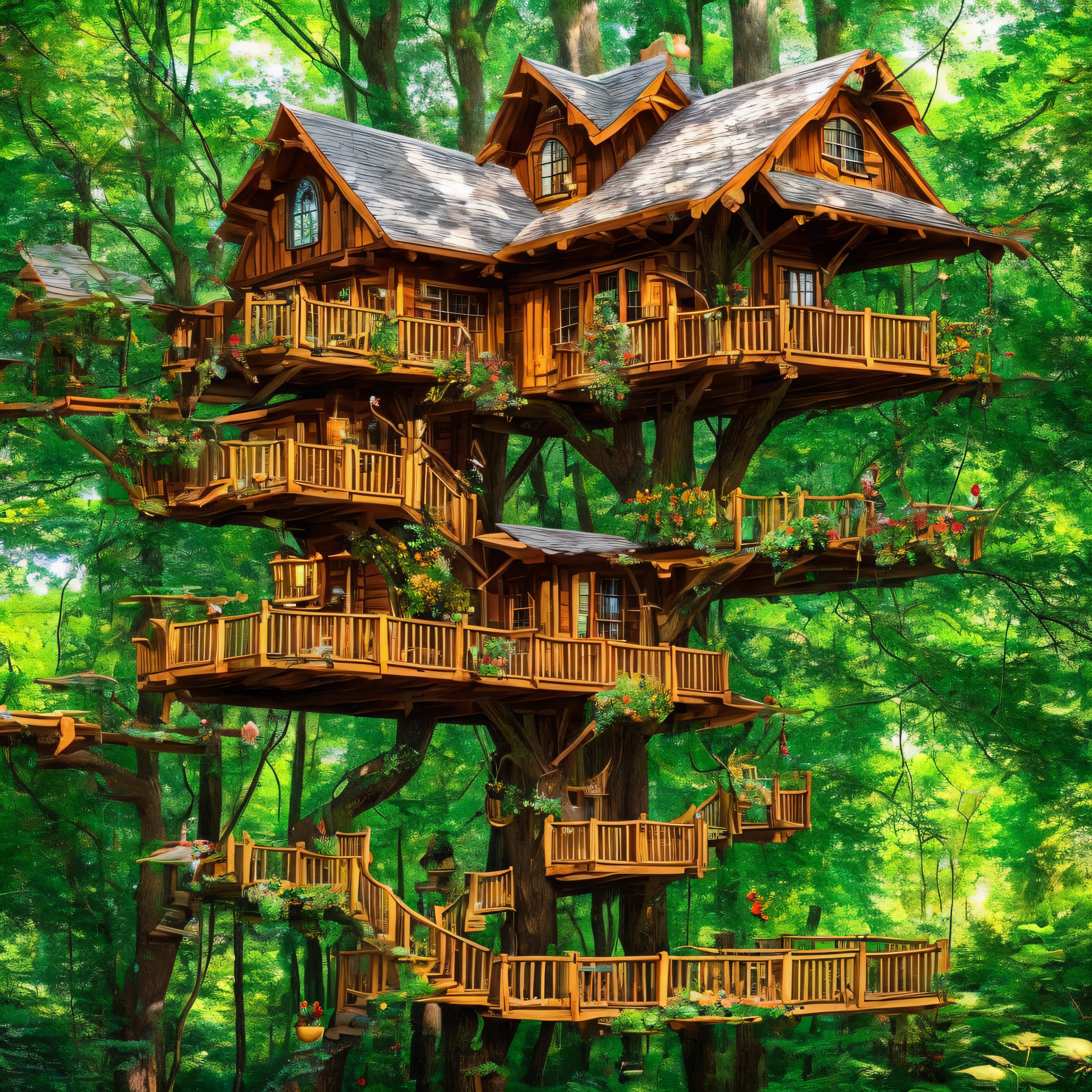 tree house in the middle of the forest with fairies and gnomes Expressionism --auto