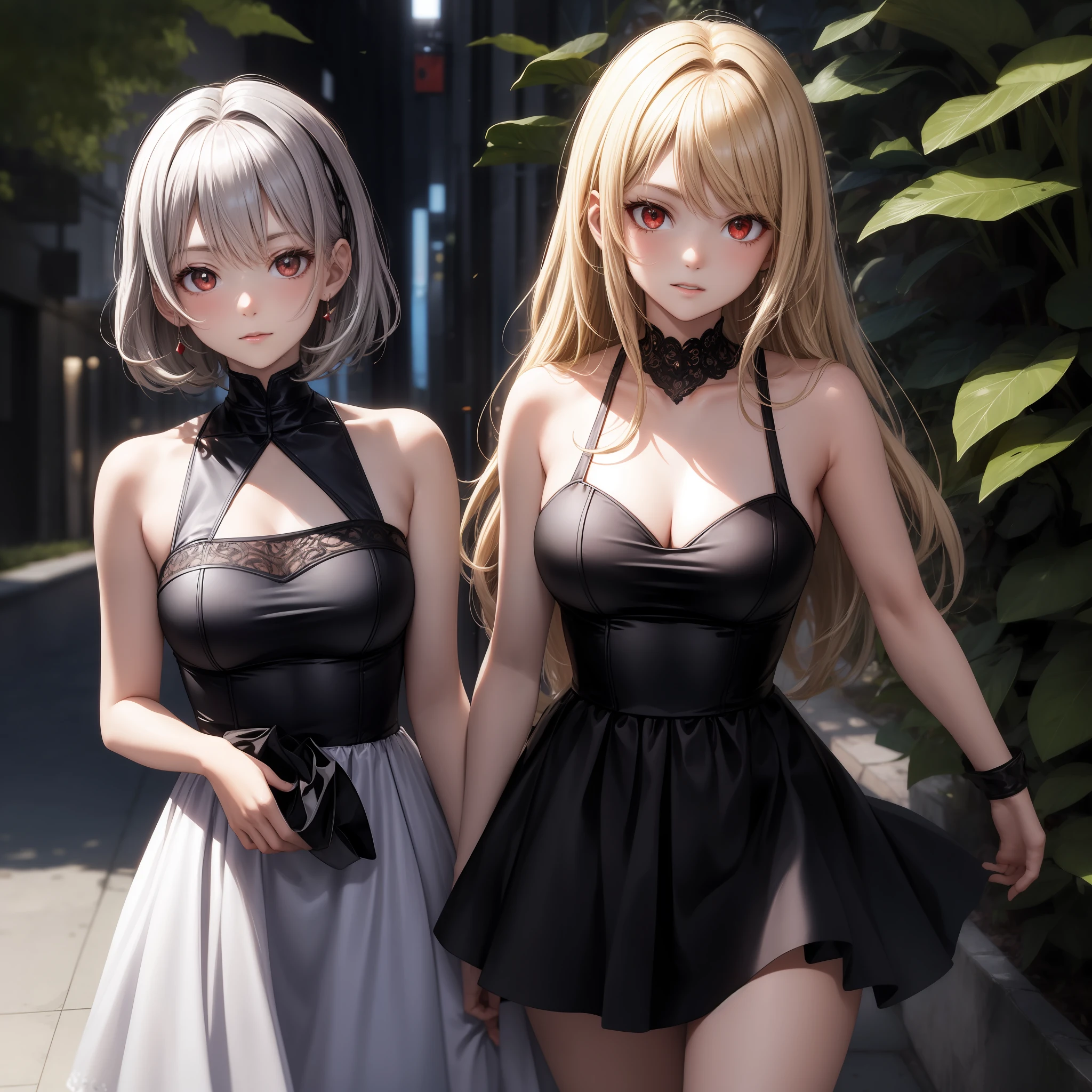 anime, blonde and red-eyed girl, silver-haired red-eyed girl, twins, dresses,