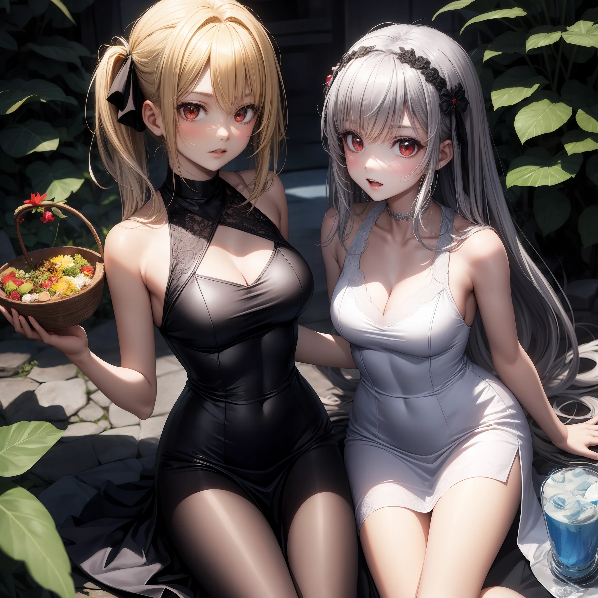 anime, blonde and red-eyed girl, silver-haired red-eyed girl, twins, dresses,