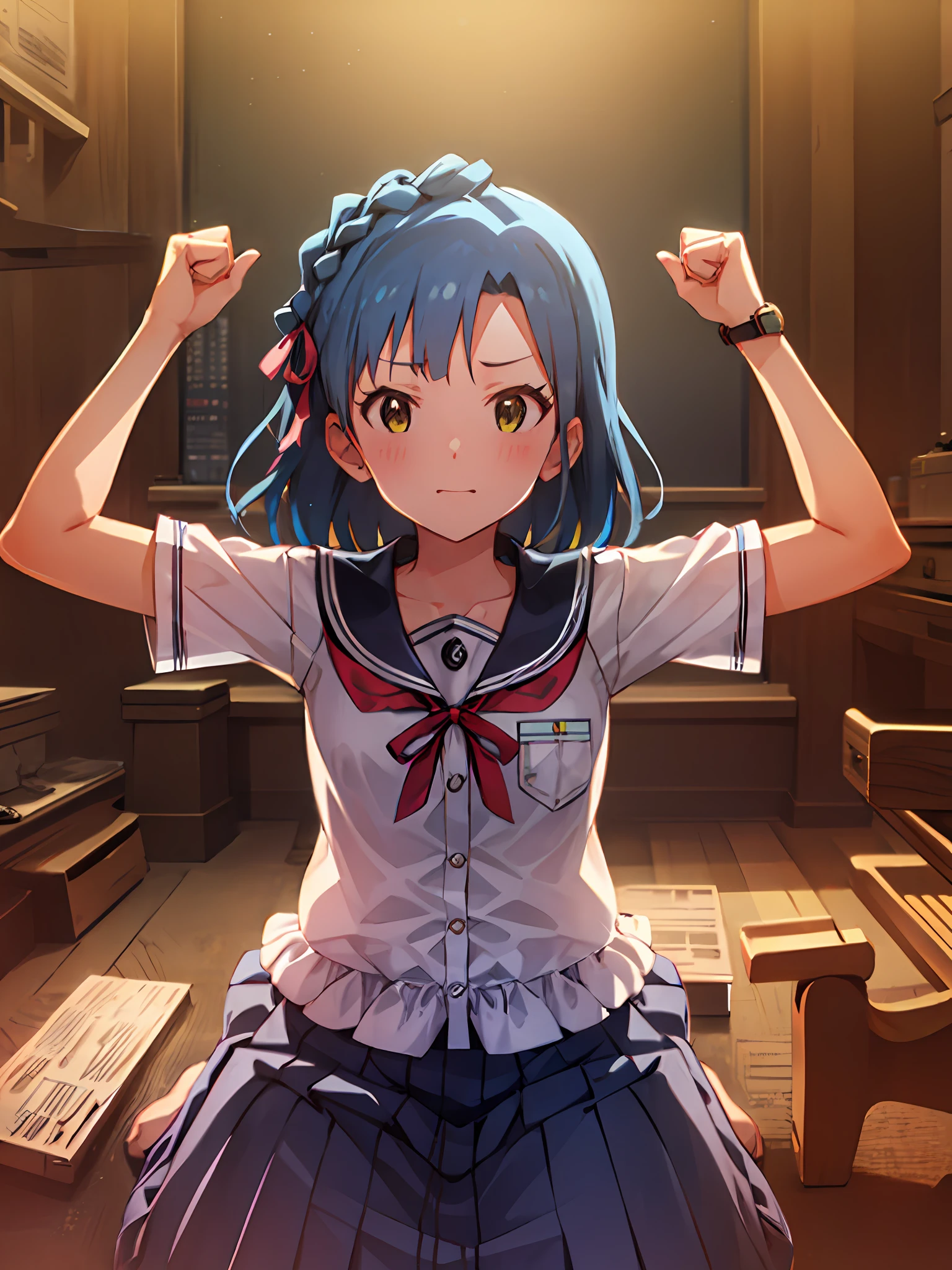 Yuriko Nanao (Million Live), (Top Quality, 8K, Masterpiece, Super Detail: 1.2), Cinematic Angle, Wide Shot, 1 Girl, Solo, Skirt, Watch Audience, Sailor Color, Pleated Skirt, Short Sleeves, School Uniform, Blush, Serafuk, Clavicle, Ribbon, Upper Body, Adjusted Hair, Wind, Floating Hair, Spread Your Arms, Chest Stretch Despair, Night, Clench Your Fists, Sit.