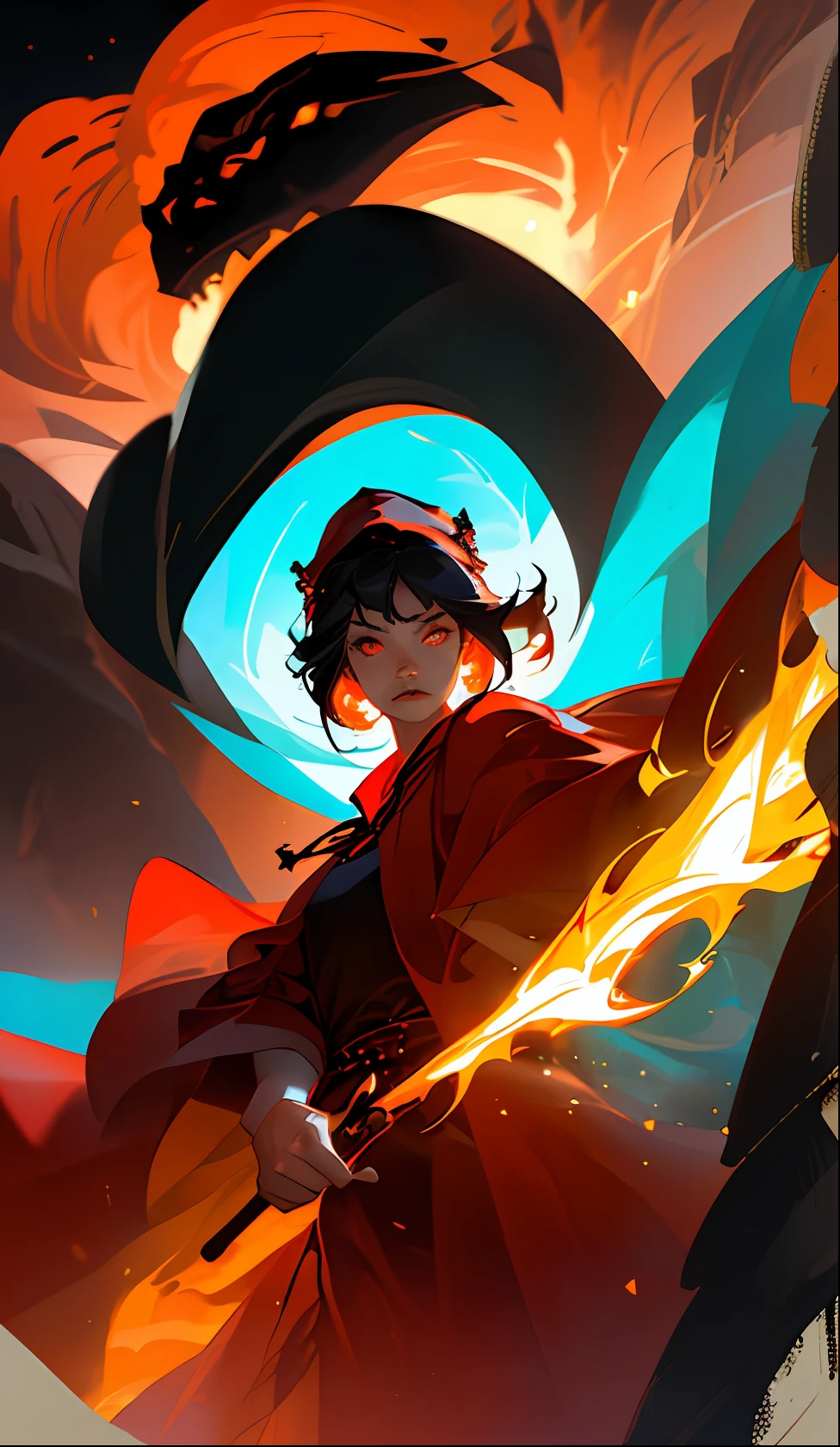 (best quality, masterpiece), 1girl, pose, upper body, looking at viewer, ember glowing hair, professional photography, girl exiting a cave, sky with starts, night time, dark, girl with witch hat, glowing red and orange skin, flame aura, strong wind around her, girl holding a staff and fire, angry face, red eyes, black and red robe