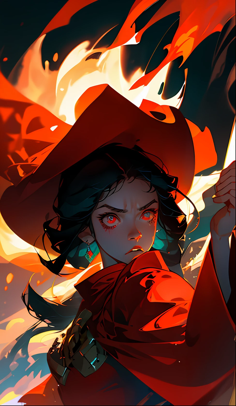 (best quality, masterpiece), 1girl, pose, upper body, looking at viewer, ember glowing hair, professional photography, girl exiting a cave, sky with starts, night time, dark, girl with witch hat, glowing red and orange skin, flame aura, strong wind around her, girl holding a staff and fire, angry face, red eyes, black and red robe