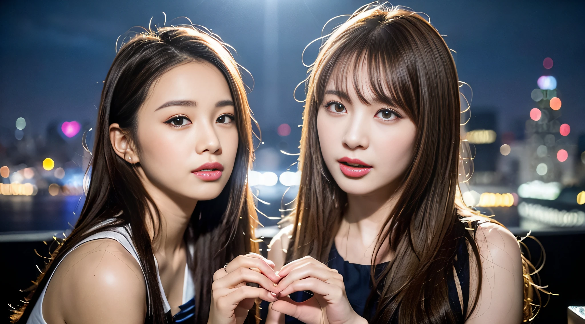 (8k, RAW photo, top quality, masterpiece: 1.2), ultra detail, super resolution, (realistic, real photo: 1.37), portrait, high resolution RAW color photo, ((futuristic city night view, building: 1.3)), very detailed and beautiful, (looking over here with tongue out), cute pose, white skin, fair-skinned woman proofreading, super high quality, 8k wallpaper, amazing details, face, different patterns, brown hair shining in the light, one is a ponytail, cute girl of today, very detailed face very detailed eyes, very realistic skin, very detailed fingers, very detailed nose, very detailed mouth, perfect anatomy, very detailed sailor suit, very detailed background,ru, famous Japan idol, cute, realistic body, slender, white skin, glowing skin, slim body, long straight hair, (dull bangs: 1.2), (pink eye shadow) ((with a picture of a heart under the eyes)) heart, ♡