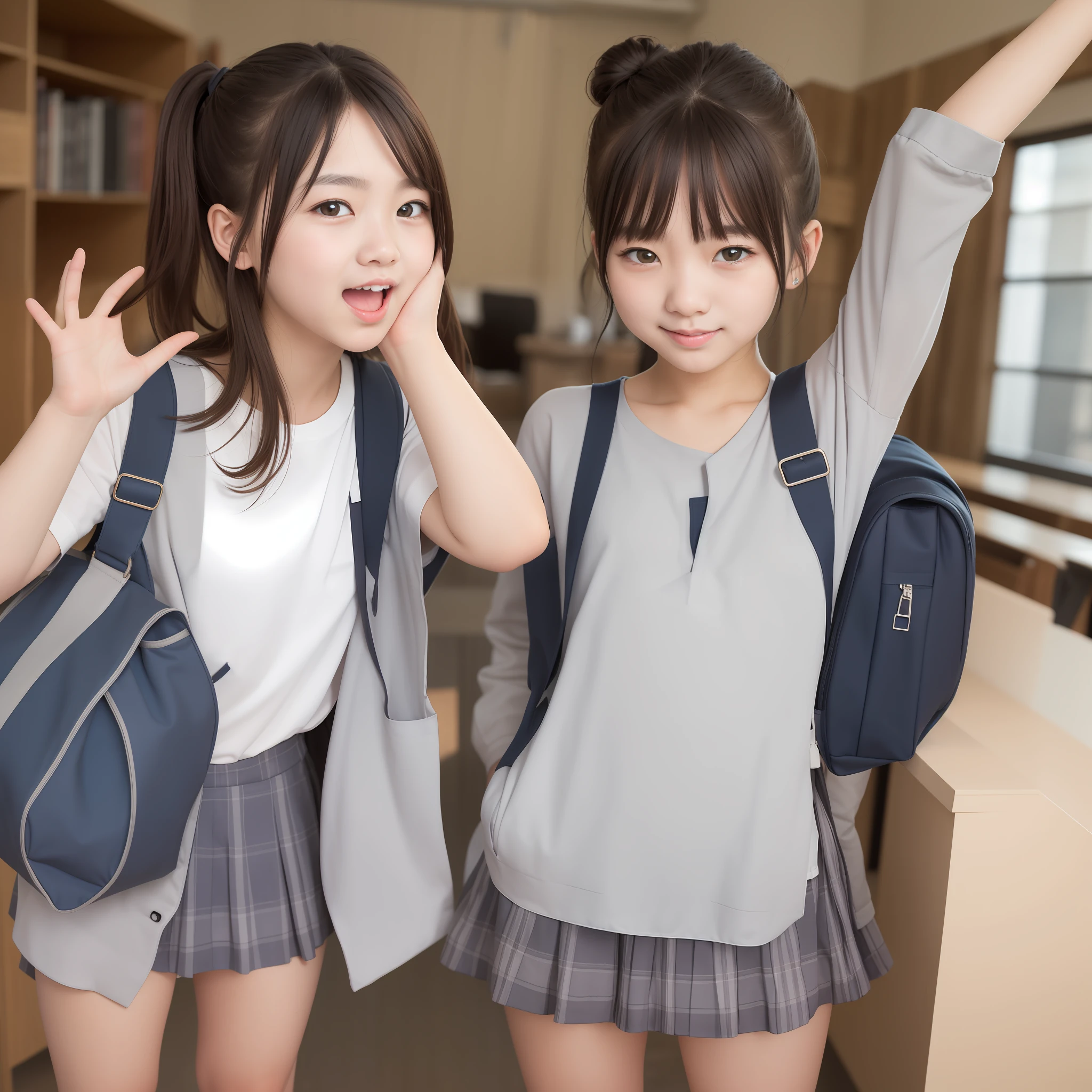 NSFW, 傑作, 最高品質, 1girl, 詳細な胸の谷間ビュー, , ドレス, 屋内, ulzzang, masterpiece, best  quality,beautiful high school girl,14 years old,slender, flat chest,illustration of a beautiful girl, detailed beautiful face, detailed hair, detailed human eyes, detailed mouth, detailed arms, detailed bust, full body,bun,orange hair,school uniform,Admiring,SIGMA Art Lens 35mm F1.4,cowboy shot,open mouth,(skirt lift:1.1), (nsfw:0.4), matazura,white panties, school bag,(vaginal,in school