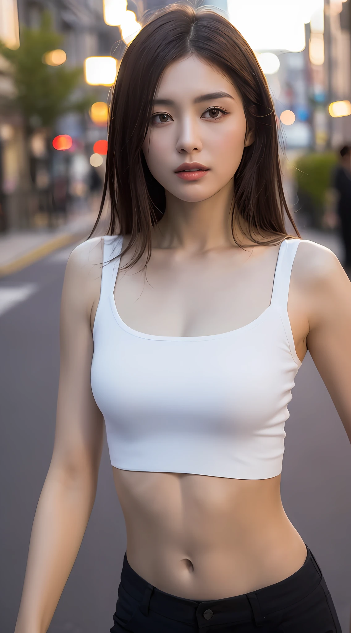 ((Realistic lighting, Best quality, 8K, Masterpiece: 1.3)), Clear focus: 1.2, 1girl, Perfect Figure: 1.4, Slim Abs: 1.1, ((Dark brown hair)), (White crop top: 1.4), (Outdoor, Night: 1.1), City streets, Super fine face, Fine eyes, Double eyelids,