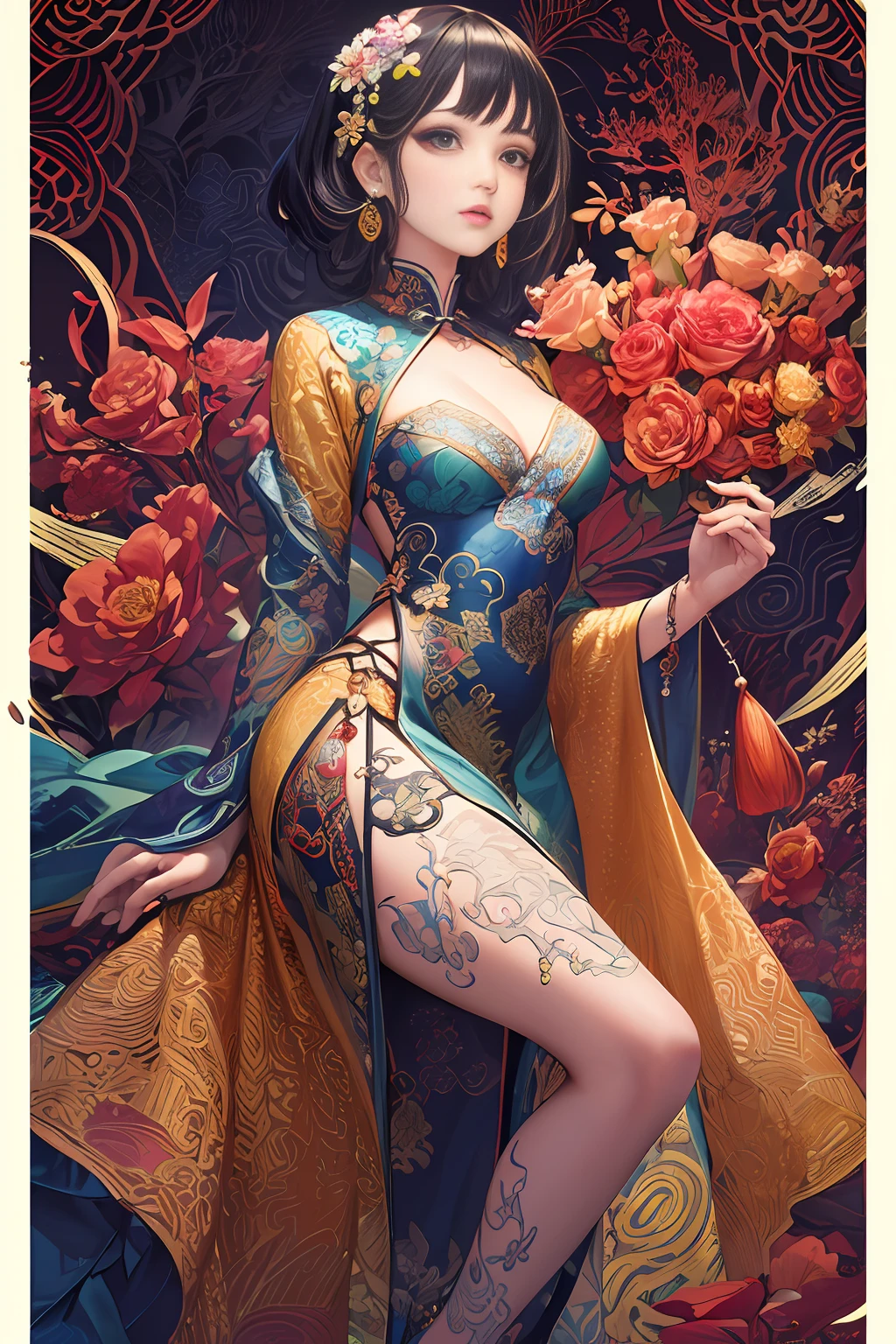 (masterpiece, top quality, best quality, official art, beautiful and aesthetic:1.2), (1girl:1.3), extremely detailed,(fractal art:1.1),(colorful:1.1)(flowers:1.3),highest detailed,(zentangle:1.2), (dynamic pose), (abstract background:1.3), (chinese Traditional cloth:1.2), (shiny skin), (many colors:1.4), ,(earrings:1.4),