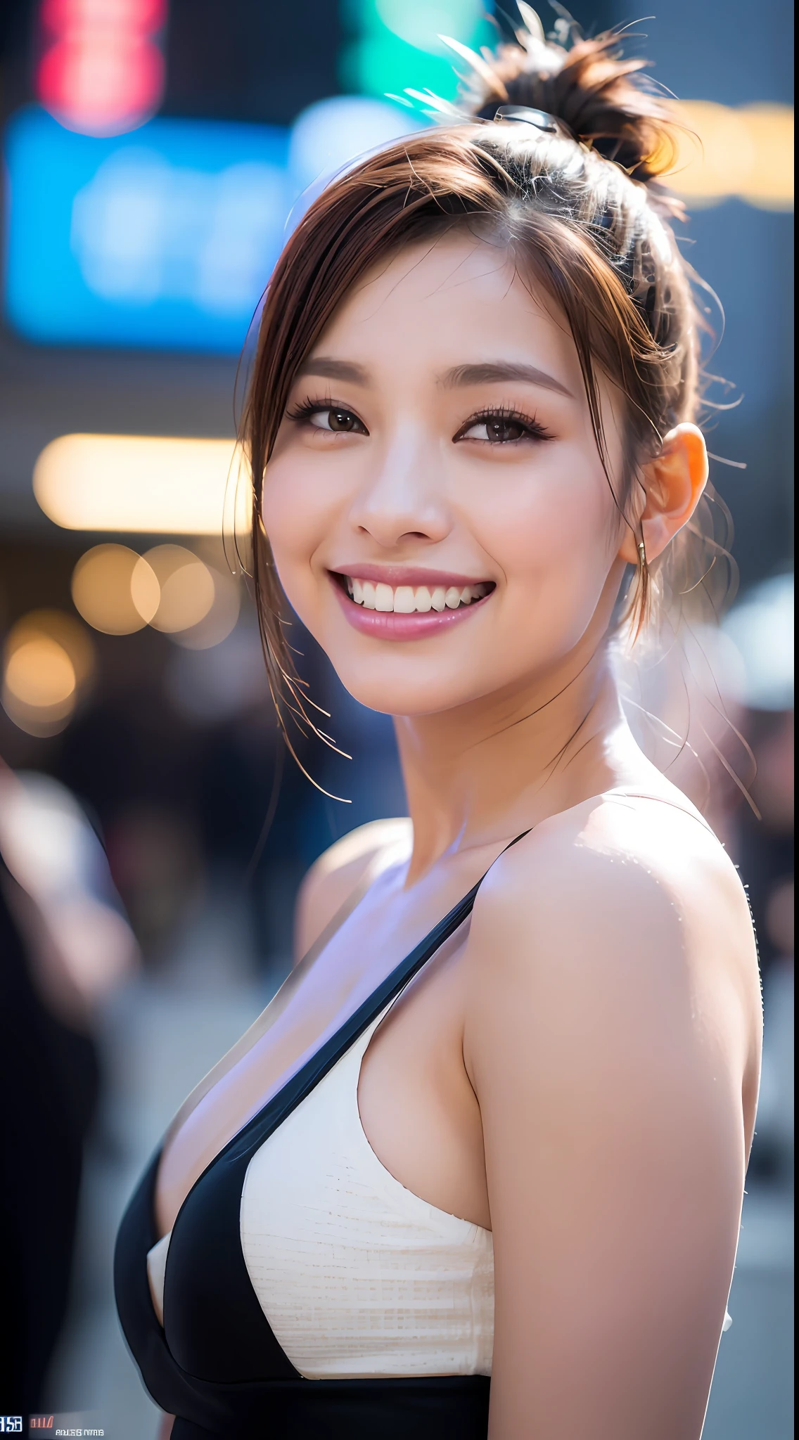 (8k, RAW Photos, Best Quality, High Resolution: 1.1), (Ultra Realistic: 1.4), (Realistic, Photorealistic: 1.3), Soft Light, Big Girl, Realistic Face, Realistic Body, Realistic Skin, Absurdity, Masterpiece, (Cute: 1.8), Cuties, Solo, (Large: 1.2), Detailed Black Eyes, Innocent Eyes, Cheeks, (Jersey: 1.2), Cinema Light, Film Grain, (((Ponytail: 1.1)), Cherry Colored Lips, Close Up, Look Viewer, Upper Body, Open Lips, Upper Teeth, (Smiling Eyes: 0.6), (((grinning: 1.2)), Depth of Field, Blurred Background, Eye Focus, Bokeh, Midnight, Shinjuku, Neon Sign, Cyberpunk, Rain, 85mm Lens, f/1.4, Professional Lighting, Young, Portrait, Photon mapping, radiosity, and physically based rendering