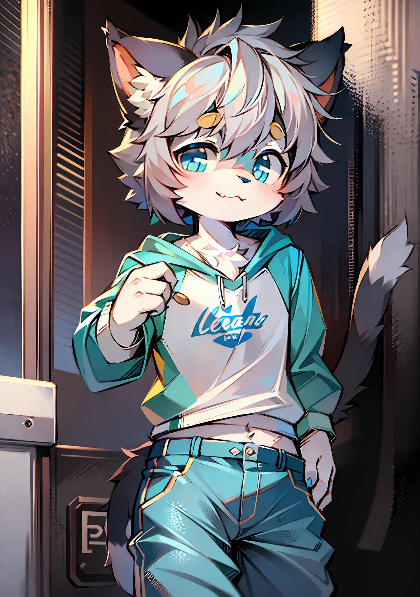 Bright eyes, character bust photo, Q version, cute, background image, character focus, solo, furry, furry male cat, male yellow-white fur, blue eyes, gray hair (long) style, little cute, will sell cute, wearing blue clothes and pants, has a tail
