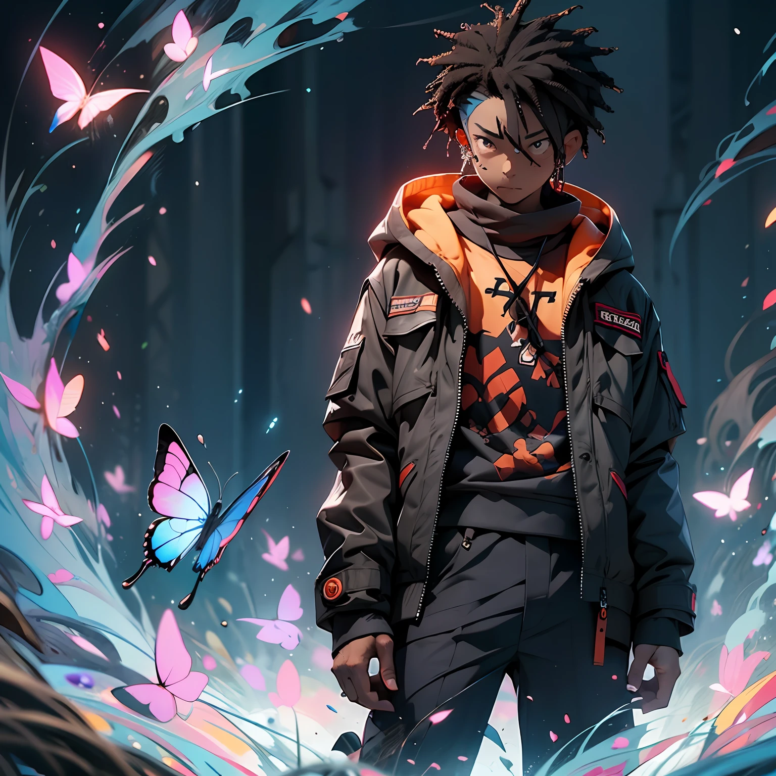 - Arcane style, short-haired black male character with dread, wearing a dark blue hooded coat, with reddish lighting and with blooming blue butterflies in the background on the character's clothing and face