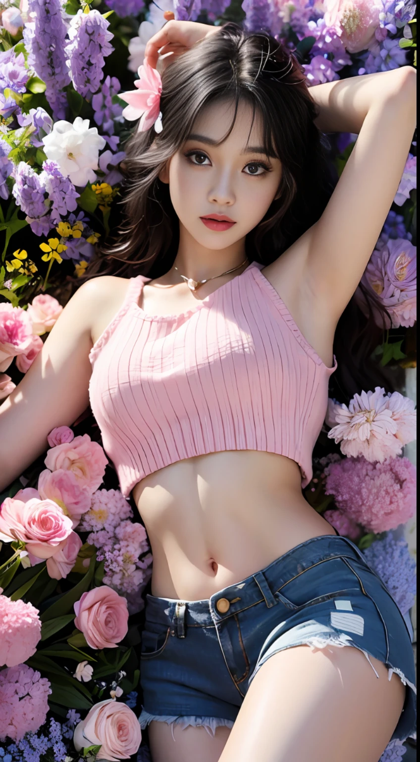 Soft light, 1 girl, shorts and knitted top, navel, lying in flowers, posing, artwork, cgstation trend, photographic art, depth of field, cinematic light, detail, ultimate beautiful facial features, facial focus, eyelashes, blush, dynamic pose