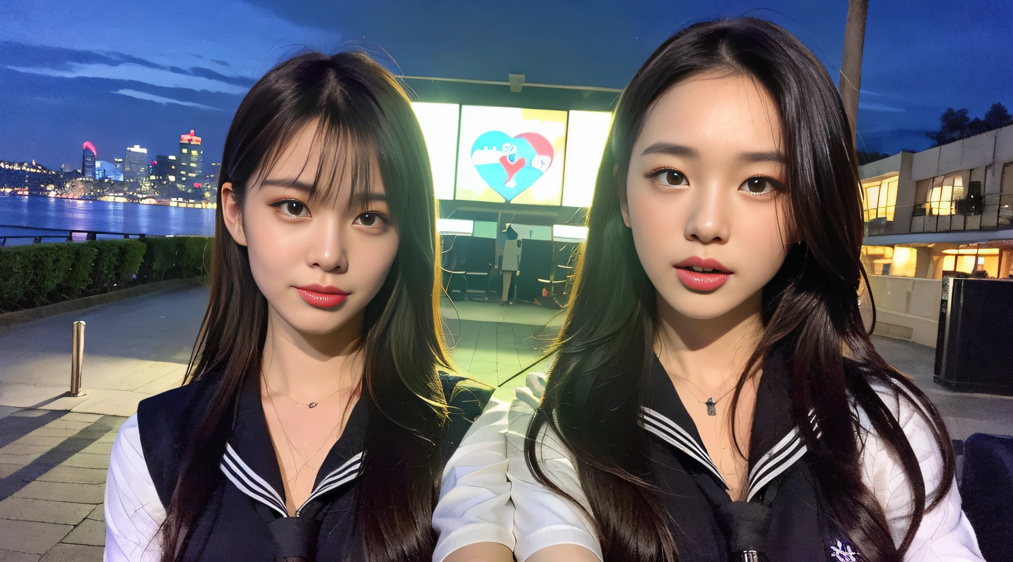 (8k, RAW photo, top quality, masterpiece: 1.2), super detailed, super resolution, (realistic, real photo: 1.37), (photorealistic: 1.2), portrait, amazingly detailed background, high resolution RAW color photo, ((City Night View, Building: 1.3)), very detailed and beautiful, touching their hair, (looking over here with your tongue out), cute pose, White skin, fair-skinned woman proofreading, super high image quality, 8k wallpapers, amazing details, face, different patterns, brown hair shining in the light, one is a ponytail, cute schoolgirl, very detailed face, very detailed eyes, very realistic skin, very detailed fingers, very detailed nose, very detailed mouth, perfect ???????, very detailed sailor suit, very detailed background,ru, famous Japan idol, cute, realistic body, slender, white skin, glowing skin, slim body, long straight hair, (dull bangs:1.2), (pink eye shadow)((has a picture of a heart under the eyes)) heart, ♡