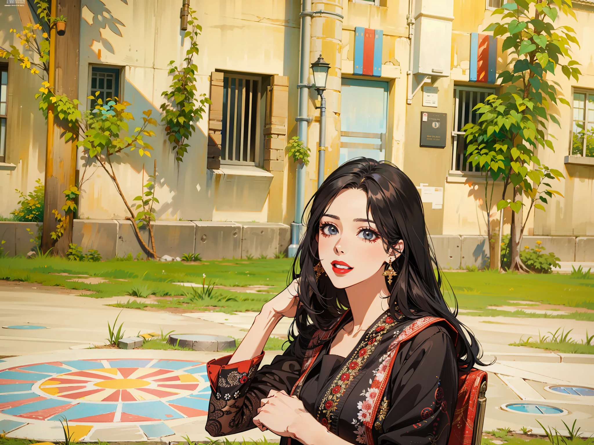 (masterpiece),(best quality:1.0), (ultra highres:1.0), detailed illustration, 8k, anime, 1girl, beautiful anime girl, wearing a black, intricate details, black eyes, detailed eyes, black hair, detailed hair detailed, highlights on hair, smile, red lipstick, red lips, detailed lips, anime style, best quality, detailed