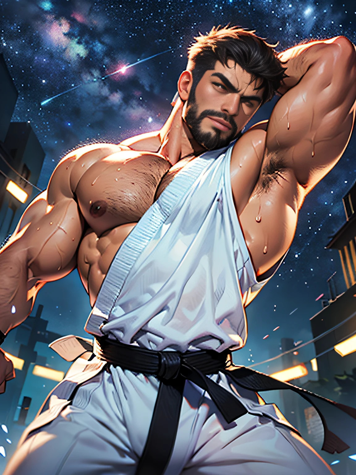 best quality, masterpiece, super high resolution, detailed background, realism, Illustrations, single, 1 boy, muscle, volumetric lighting, depth of field, facial hair, ryu, white clothes, black belt, light particles, bulge, starry sky, fighting pose, sweating, short hair, burly
