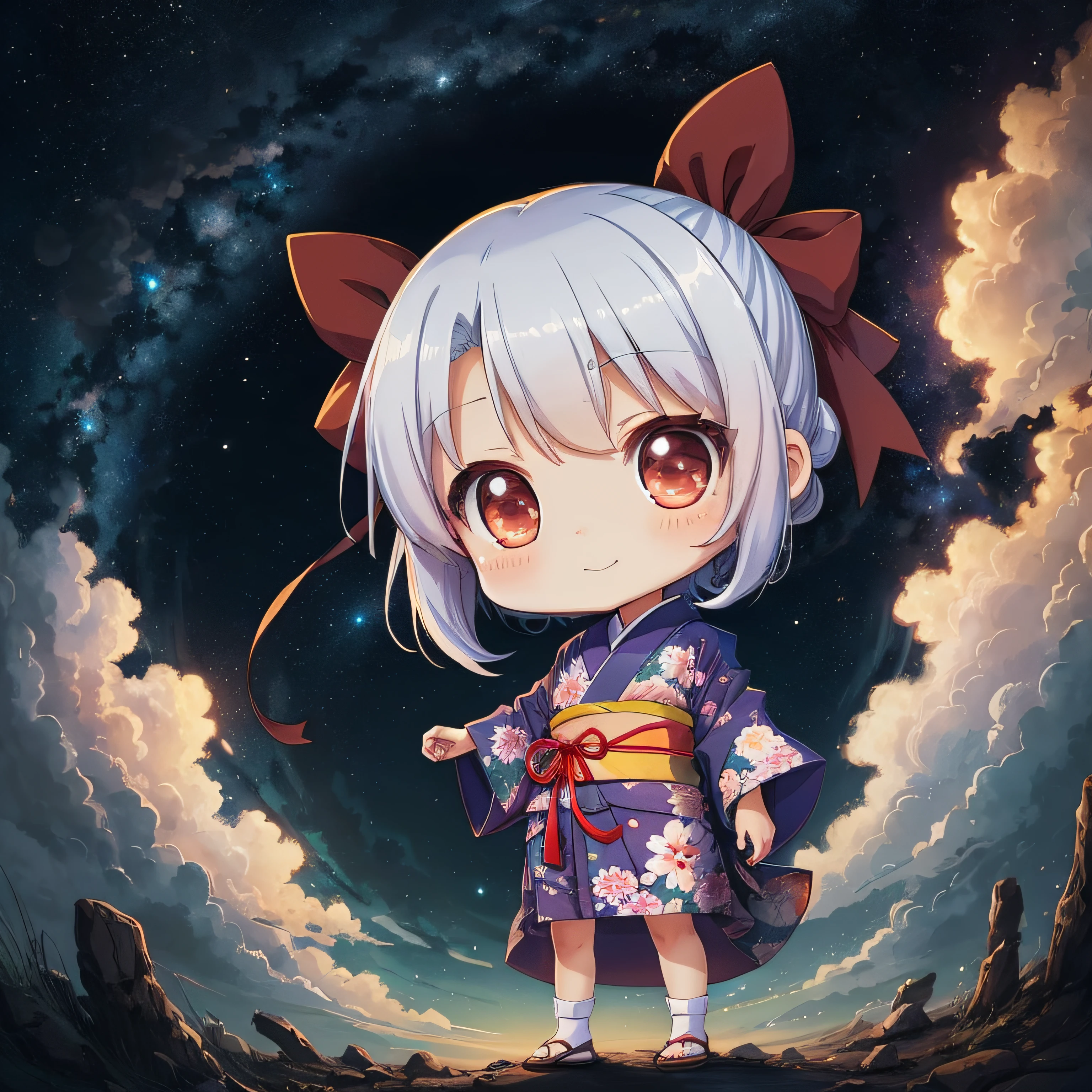 Mihito Sakurano \(Denombe\), (Best Quality, 8K, Masterpiece, HDR, Super Detail: 1.2), Cinematic Angle, (Chibi: 1.3), night, sky, beautiful clouds, detailed background, constellation, starry sky, 1 girl, solo, shiny skin, white hair, twin tails, tilted head, slight smile, full body, kimono, floral pattern, obi, ribbon, yukata, thigh, facefront, chibi character, chibi, anime style --auto