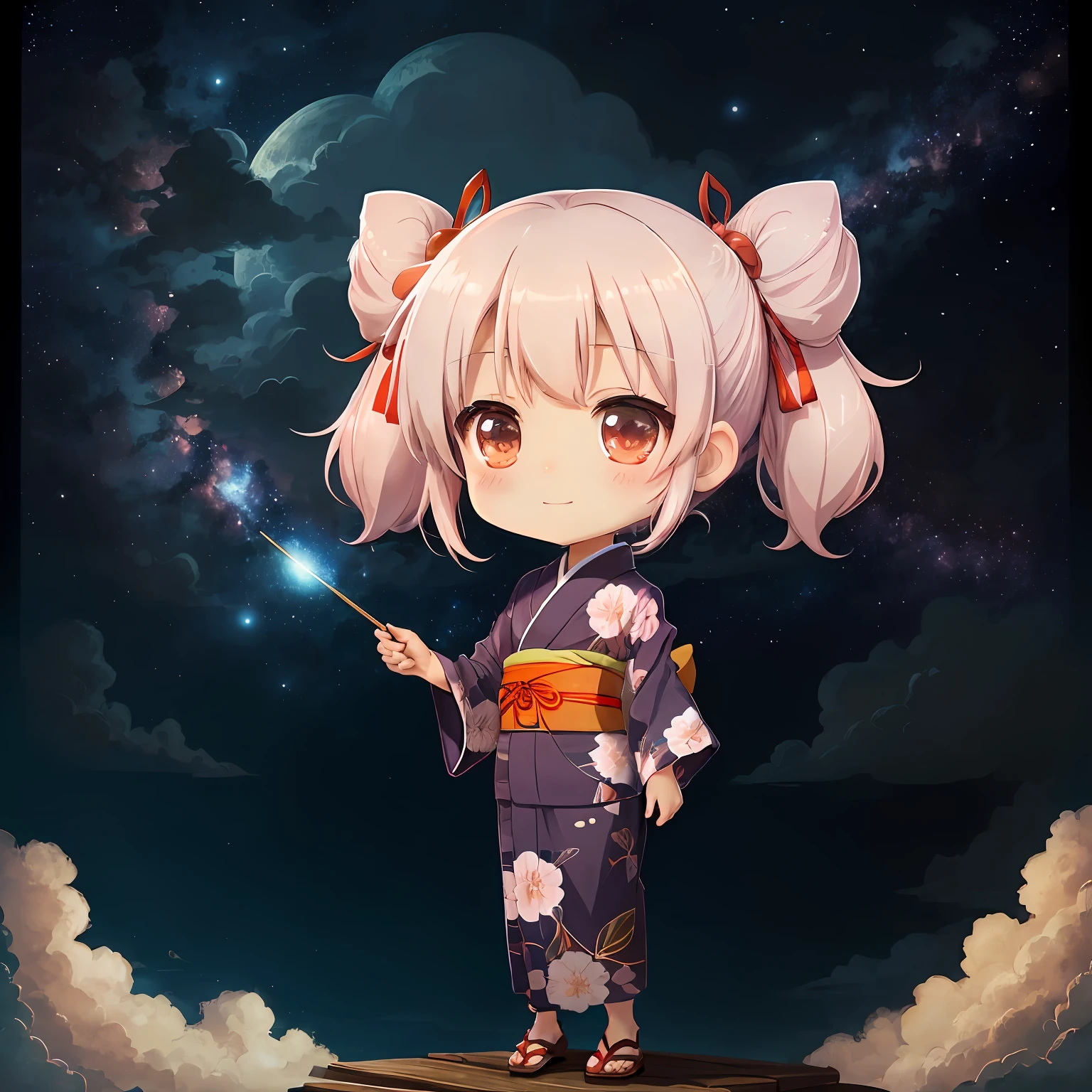Mihito Sakurano \(Denombe\), (Best Quality, 8K, Masterpiece, HDR, Super Detail: 1.2), Cinematic Angle, (Chibi: 1.3), night, sky, beautiful clouds, detailed background, constellation, starry sky, 1 girl, solo, shiny skin, white hair, twin tails, tilted head, slight smile, full body, kimono, floral pattern, obi, ribbon, yukata, thigh, facefront, chibi character, chibi, anime style --auto
