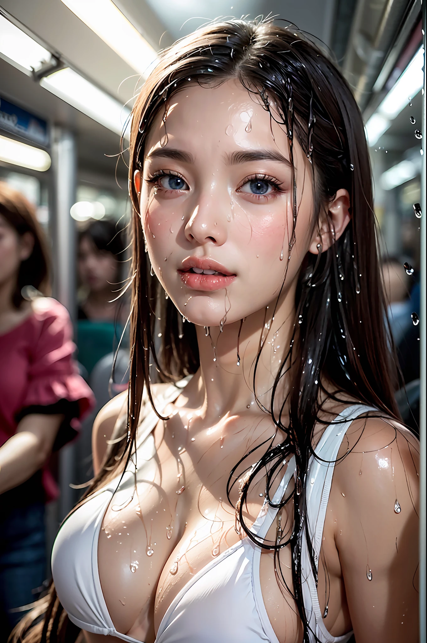 ((Very beautiful cute girl on crowded train)), (Masterpiece: 1.3), (8k, realistic, RAW photos, Best quality: 1.4), Sharp focus: 1.2, A beautiful woman with a perfect figure: 1.4, slim belly: 1.2, ((layered hairstyle)), (:1.6)), (bare ass)))), (Shaved), (wearing white transparent extreme micro bikini,), (She has a beautiful face, beautiful hairstyle, perfect slim body, double eyelids,sparse black), highly detailed face and skin texture, detailed eyes, realistic eyes, beautiful detailed eyes, (realistic skin), attractive, super high resolution, super realistic, highly detailed, golden ratio, (face: 1.2), looking at the audience, smiling, full body shot, ((((she's wet))), (no bra), (((no panties)))), incredibly ridiculous, (((knees bent legs sitting)))), (mouth open: 1.2), (she's wet), (Blue eyes, light gray hair, fair skin)
