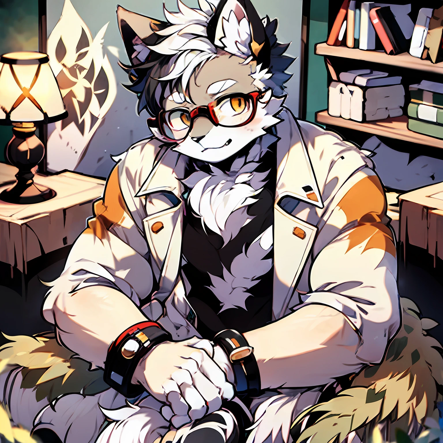 Furry, male arctic fox, gray fur, golden eyes, wearing single-rimmed glasses, artist, wearing a white trench coat, sitting in a room, detailed background