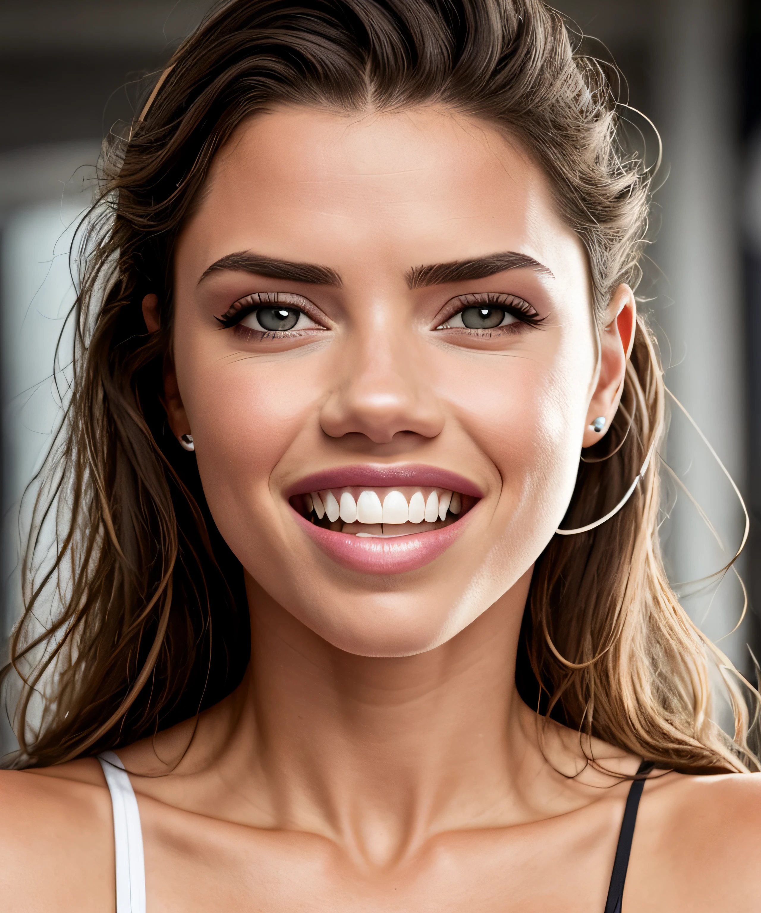 Model Adriana Lima, [[[[[closeup]]]], [[[[chest]]], [[[[neck]]]], [[[[shoulders]]], perfect eyes, perfect iris, perfect lips, perfect teeth, perfect skin, soft front light, brightness, HDR, (soft colors: 1.2)