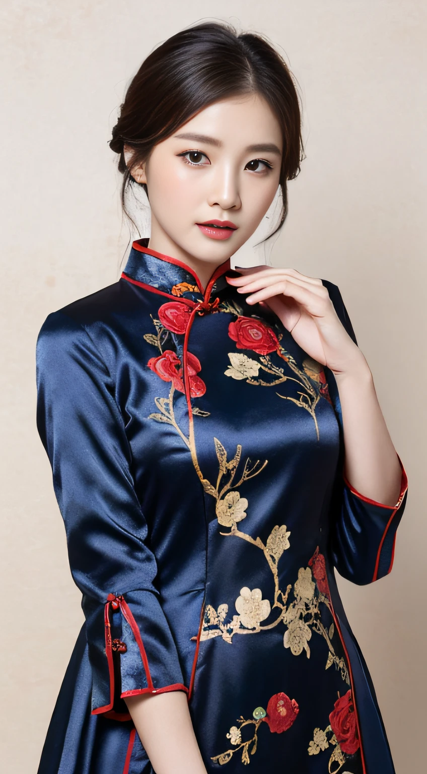 Arad woman wearing blue dress with red roses on it, wearing blue cheongsam dress, cheongsam, Chinese costume, Chinese traditional clothing, with ancient Chinese clothing, Chinese style, Chinese Traditional, golden brocade dark blue clothes, blue cheongsam, Chinese clothing, Chinese woman, black and red silk clothing, Chinese girl, (all white background: 1.6)