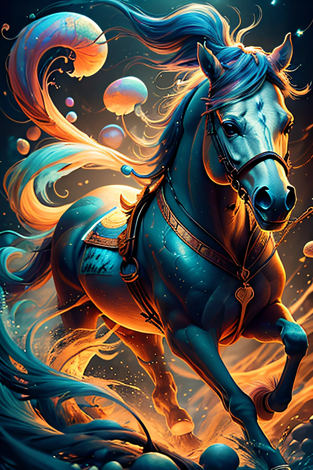 a painting of a colorful horse on a black background, breathtaking render, within a radiant connection, inspired by Kinuko Y. Craft,, magical elements, wow, The are beautiful, casting a multi colorful spell, bright flash, flash