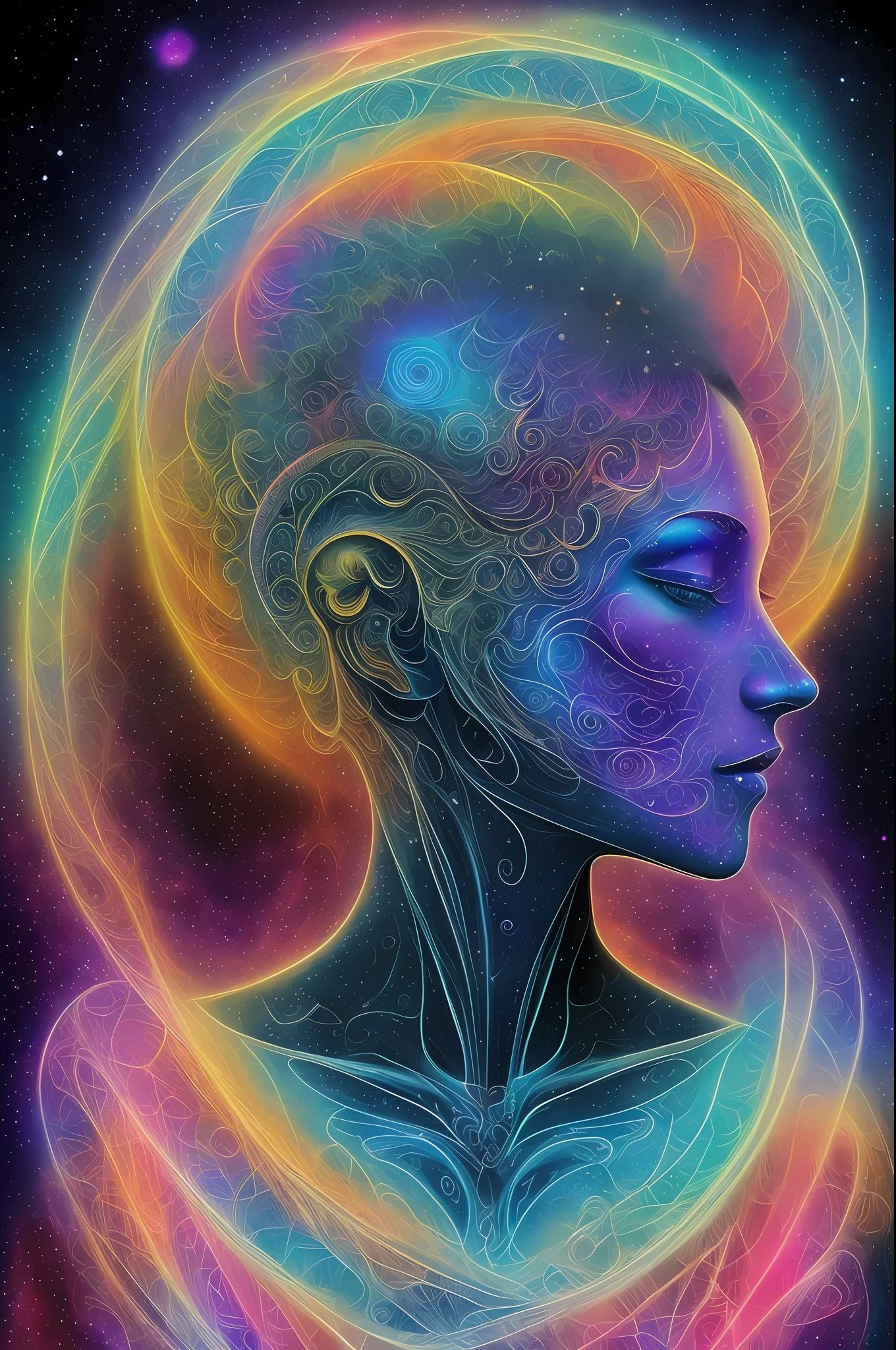 concept intertwines a person's silhouette with swirling galaxies and stardust, reminiscent of the cosmic works by Alex Grey