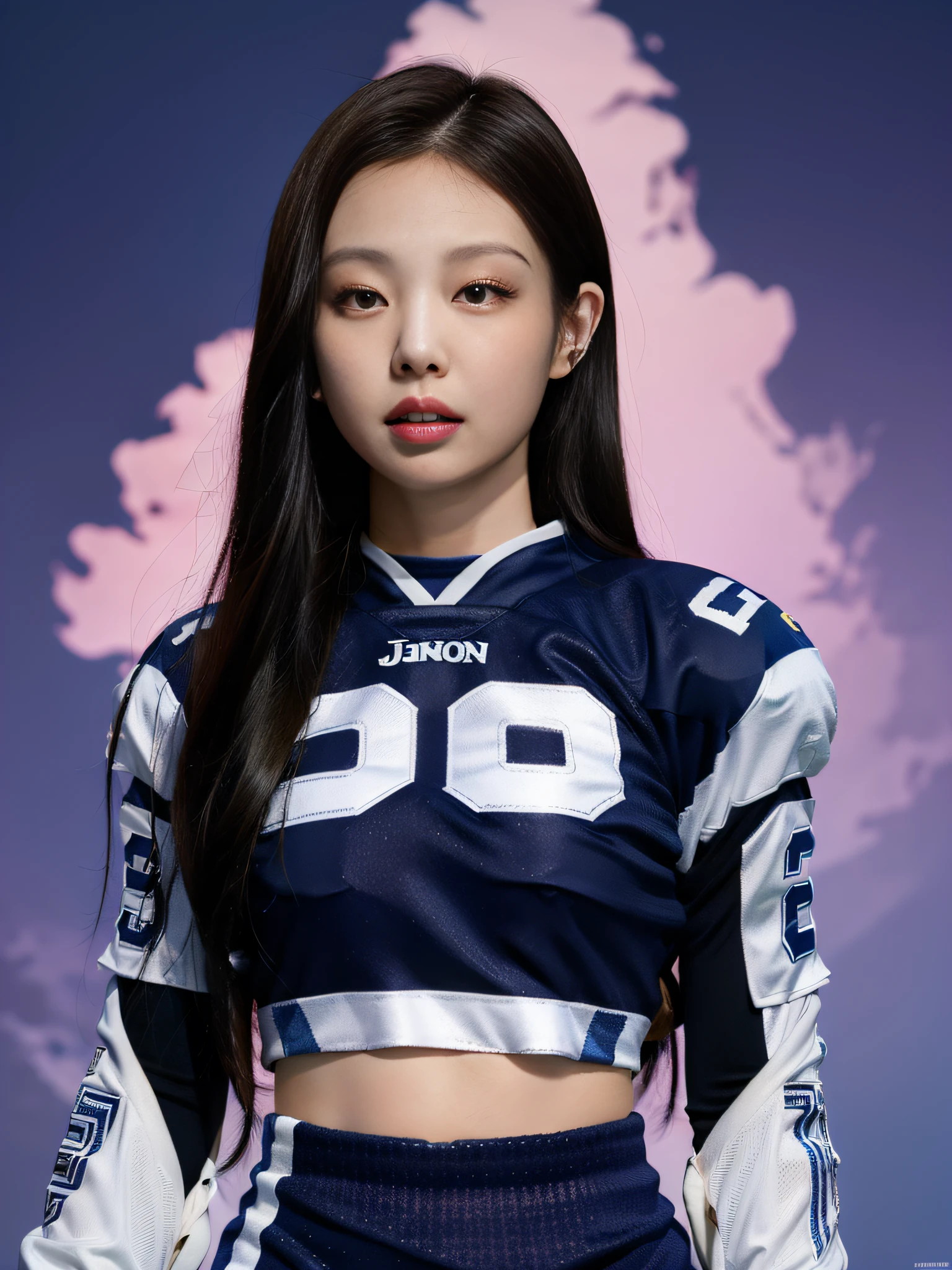 Masterpiece, superlative, realistic, Jennie wearing trendy football uniform, HD, photography and lighting, 16k