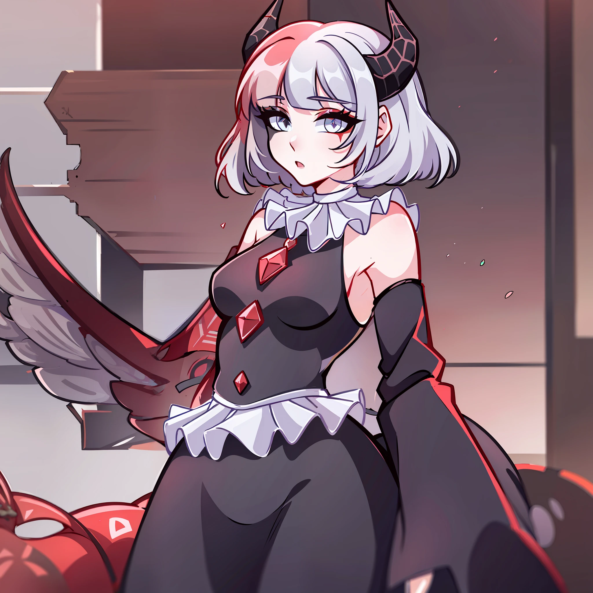 (Best quality: 1.0), (super high res: 1.0), extremely detailed character, detailed Hands, half-dragon girl, horns, scales on the neck, scales on the shoulders, scales on the forearm, scales on the cheek, dragon's tail, extremely detailed hair, short hair, ((white hair)), ((black locks)), extremely detailed eyes, heterochromia, (one eye is white and the other being a black eye), dragon eyes, 2d, anime art, teen, ((full body)), standing, medieval, Rpg