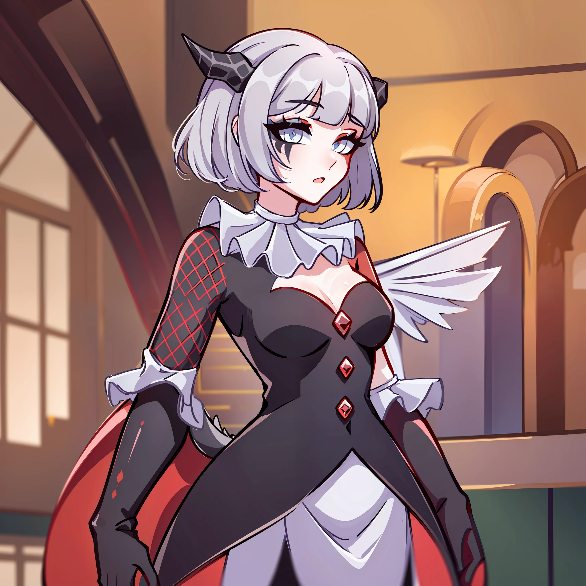 (Best quality: 1.0), (super high res: 1.0), extremely detailed character, detailed Hands, half-dragon girl, horns, scales on the neck, scales on the shoulders, scales on the forearm, scales on the cheek, dragon's tail, extremely detailed hair, short hair, ((white hair)), ((black locks)), extremely detailed eyes, heterochromia, (one eye is white and the other being a black eye), dragon eyes, 2d, anime art, , ((full body)), standing, medieval, Rpg
