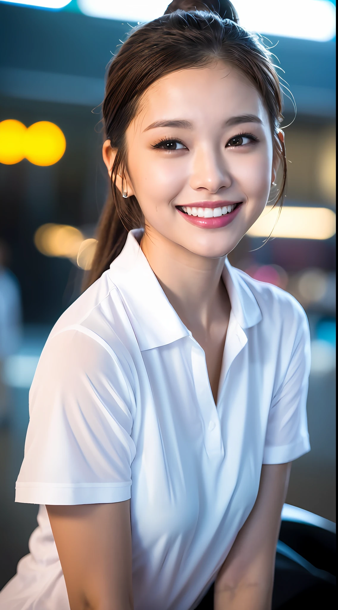 (8k, RAW Photos, Best Quality, High Resolution: 1.1), (Ultra Realistic: 1.4), (Realistic, Photorealistic: 1.3), Soft Light, Big Girl, Realistic Face, Realistic Body, Realistic Skin, Absurdity, Masterpiece, (Cute: 1.8), Cuties, Solo, (Large: 1.2), Detailed Black Eyes, Innocent Eyes, Cheeks, (Polo Shirts: 1.2), Cinema Light, Film Grain, (((Ponytail: 1.1)), Cherry Colored Lips, Close Up, Look Viewer, Upper Body, Open Lips, Upper Teeth, (Smiling Eyes: 0.6), (((grinning: 1.2)), Depth of Field, Blurred Background, Eye Focus, Bokeh, Midnight, Shinjuku, Neon Sign, Cyberpunk, Rain, 85mm Lens, f/1.4, Professional Lighting, Young, Portrait, Photon mapping, radiosity, and physically based rendering