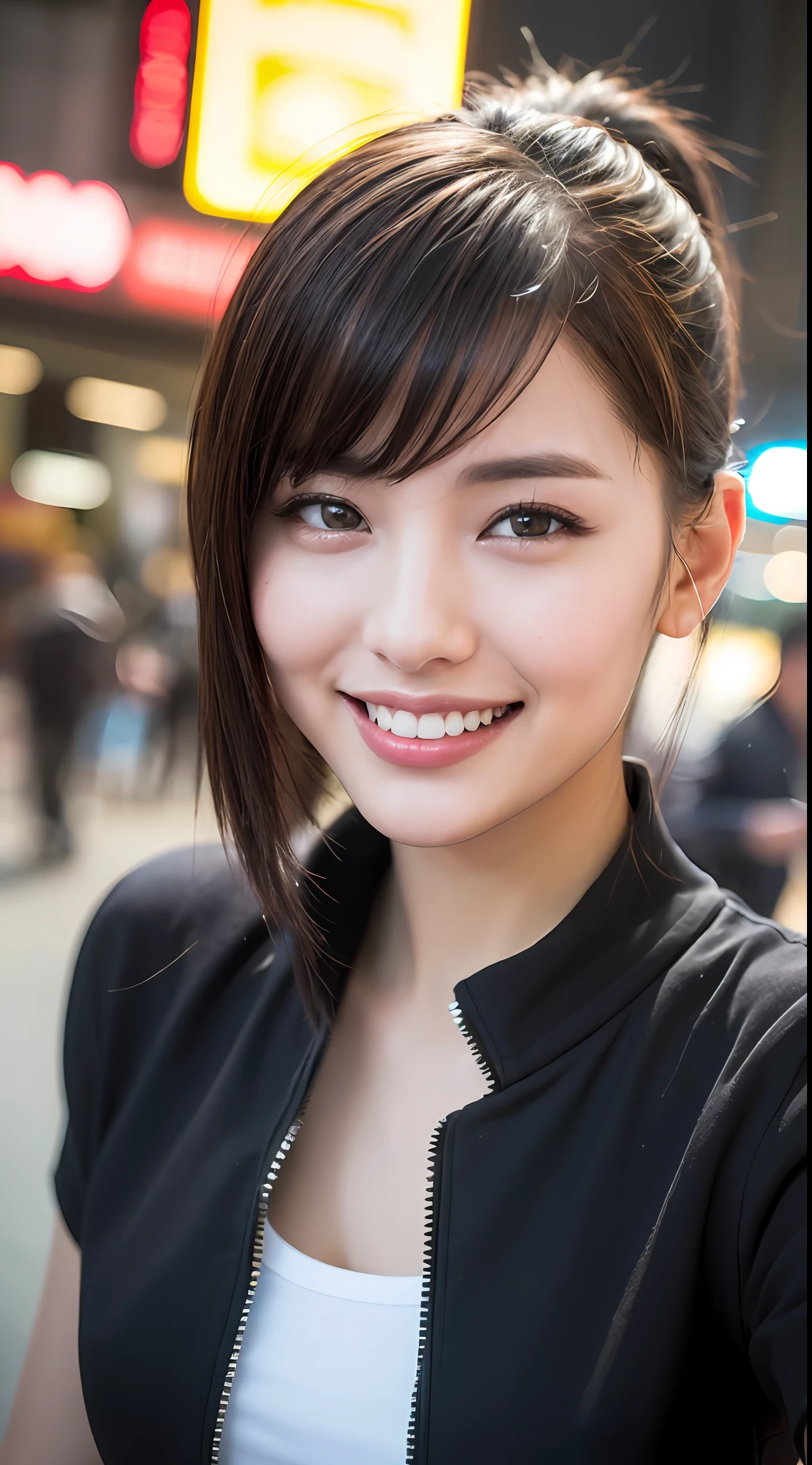 (8k, RAW Photos, Best Quality, High Resolution: 1.1), (Ultra Realistic: 1.4), (Realistic, Photorealistic: 1.3), Soft Light, Big Girl, Realistic Face, Realistic Body, Realistic Skin, Absurdity, Masterpiece, (Cute: 1.8), Cuties, Solo, (Large: 1.2), Detailed Black Eyes, Innocent Eyes, Cheeks, (Polo Shirts: 1.2), Cinema Light, Film Grain, (((Ponytail: 1.1)), Cherry Colored Lips, Close Up, Look Viewer, Upper Body, Open Lips, Upper Teeth, (Smiling Eyes: 0.6), (((grinning: 1.2)), Depth of Field, Blurred Background, Eye Focus, Bokeh, Midnight, Shinjuku, Neon Sign, Cyberpunk, Rain, 85mm Lens, f/1.4, Professional Lighting, Young, Portrait, Photon mapping, radiosity, and physically based rendering
