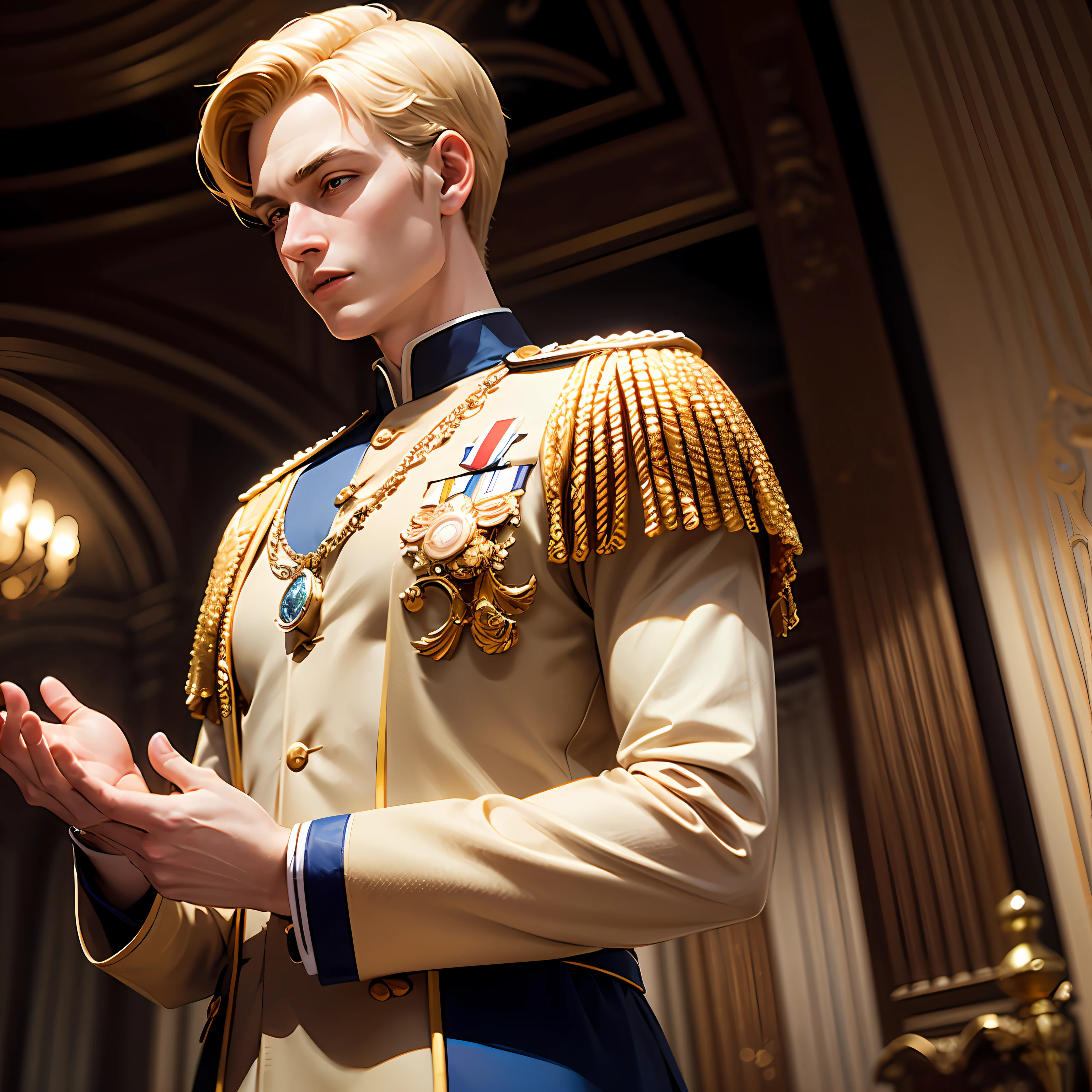 (4K, Best Quality, High Resolution: 1.1), (Realistic, Photo Realistic: 1.1), Blonde Boy, Beautiful Face, (Pale Skin, Very Fine Complexion: 1.5), Parted Lips, Nose, Detailed Eyes, Eyelashes, (British Navy Uniform, Evening Dress), Sword Eyebrows, Muscles, Upper Body, Blonde Hair, Room, (Looking at the Audience: 1.5), Buckingham Palace, Interior, Bokeh, Luxury, Gorgeous, King, Flawless, Famous Artwork, Movie Lighting, [Narrow Waist], Royal, sacred, male god, fantasy, dream, prestige, luxury, jewelry, diamond, gold, pearl, gemstone, sapphire, ruby, emerald, sexy, charming, necklace, smile, (highly detailed CG illustration) with white flowers in hand and medallion --auto