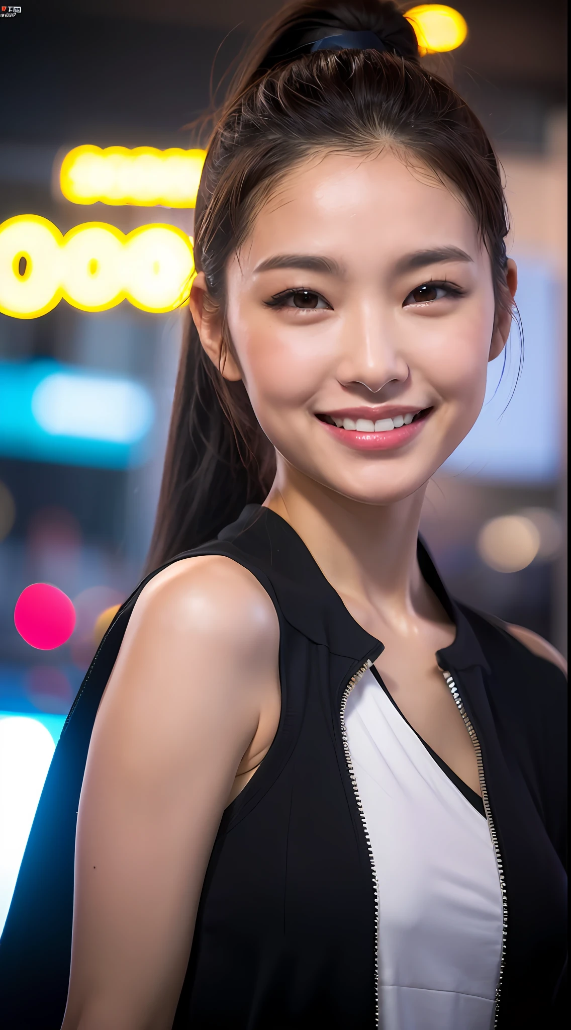 (8k, RAW Photos, Best Quality, High Resolution: 1.1), (Ultra Realistic: 1.4), (Realistic, Photorealistic: 1.3), Soft Light, Big Girl, Realistic Face, Realistic Body, Realistic Skin, Absurdity, Masterpiece, (Cute: 1.8), Cuties, Solo, (Large: 1.2), Detailed Black Eyes, Innocent Eyes, Cheeks, (Polo Shirts: 1.2), Cinema Light, Film Grain, (((Ponytail: 1.1)), Cherry Colored Lips, Close Up, Look Viewer, Upper Body, Open Lips, Upper Teeth, (Smiling Eyes: 0.6), (((grinning: 1.2)), Depth of Field, Blurred Background, Eye Focus, Bokeh, Midnight, Shinjuku, Neon Sign, Cyberpunk, Rain, 85mm Lens, f/1.4, Professional Lighting, Young, Portrait, Photon mapping, radiosity, and physically based rendering