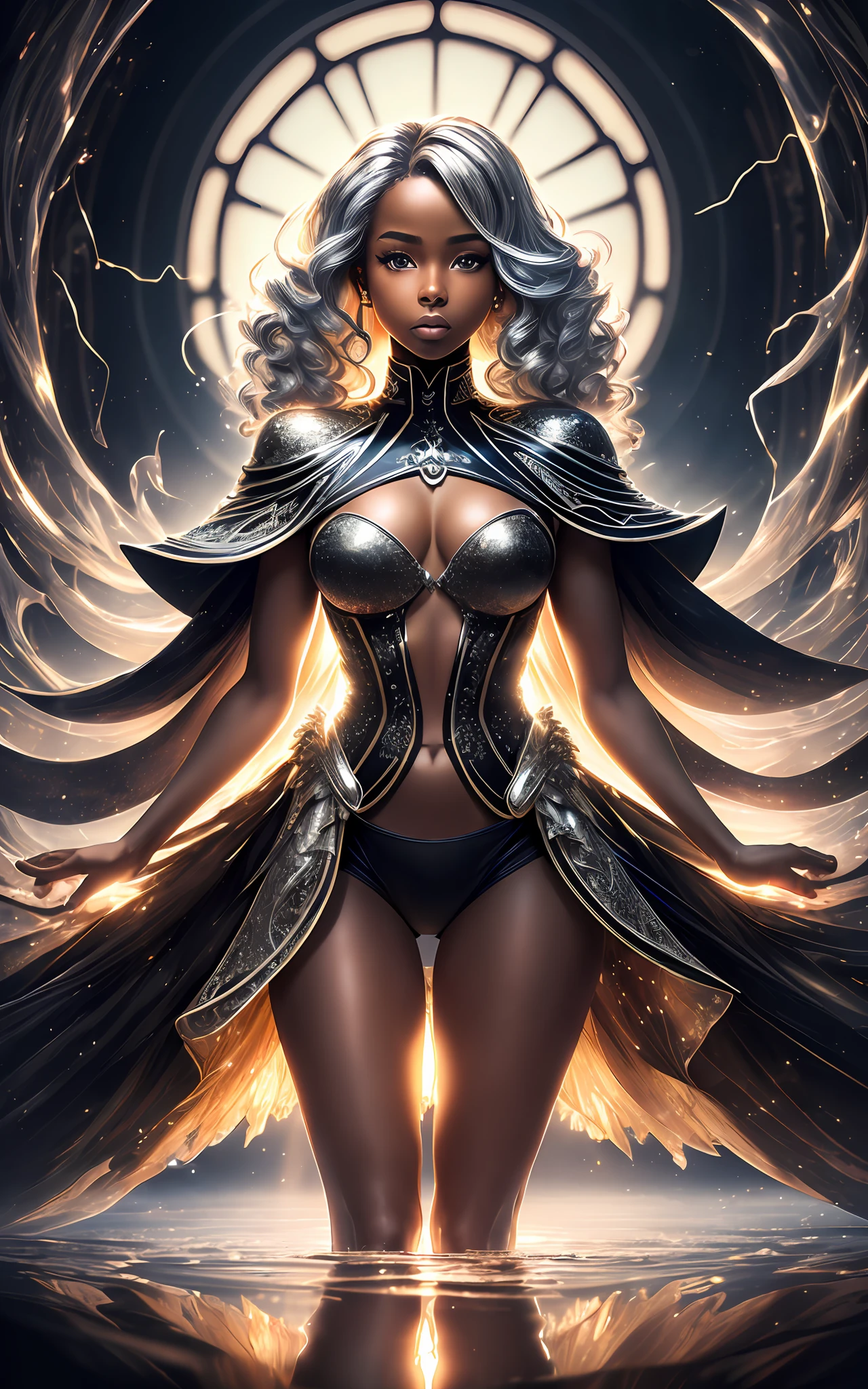 award winning 64k concept art of (black 1girl:1.4) in majestic open dress standing bravely, head lifted, posing, epic, god rays, centered, upper body, (masterpiece:1.2), (best quality:1.3), Amazing, highly detailed, beautiful, finely detailed, warm soft color grading, Depth of field, extremely detailed 64k, fine art, stunning, iridescent, (shiny:1.2), (light reflections:1.3), (crisp:1.7), silver curls, storm, vibrant, sunlit, (edge detection:1.4), absurdres, impressive, 120mm, outlining, wide thighs, luminous, glittering, lights