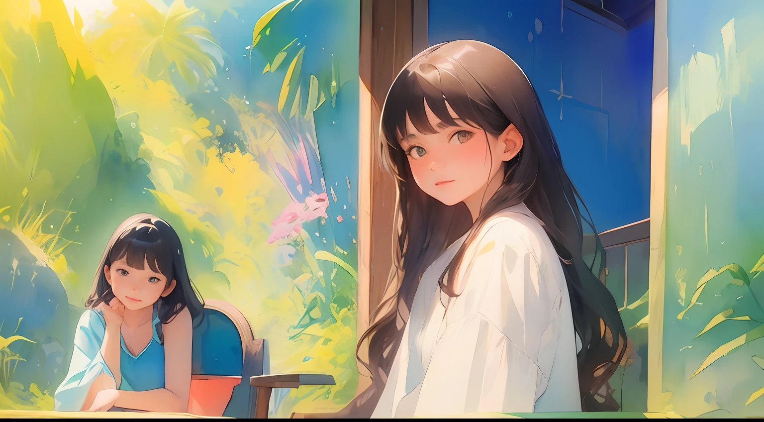 (Masterpiece, Top Quality, Watercolor (medium), Beautiful and Aesthetic: 1.2), (1 Girl: 1.3), (Fractal Art: 1.3), Japan woman's room, Young woman sitting backwards on chair, long hair with black wavy, sagging eyes