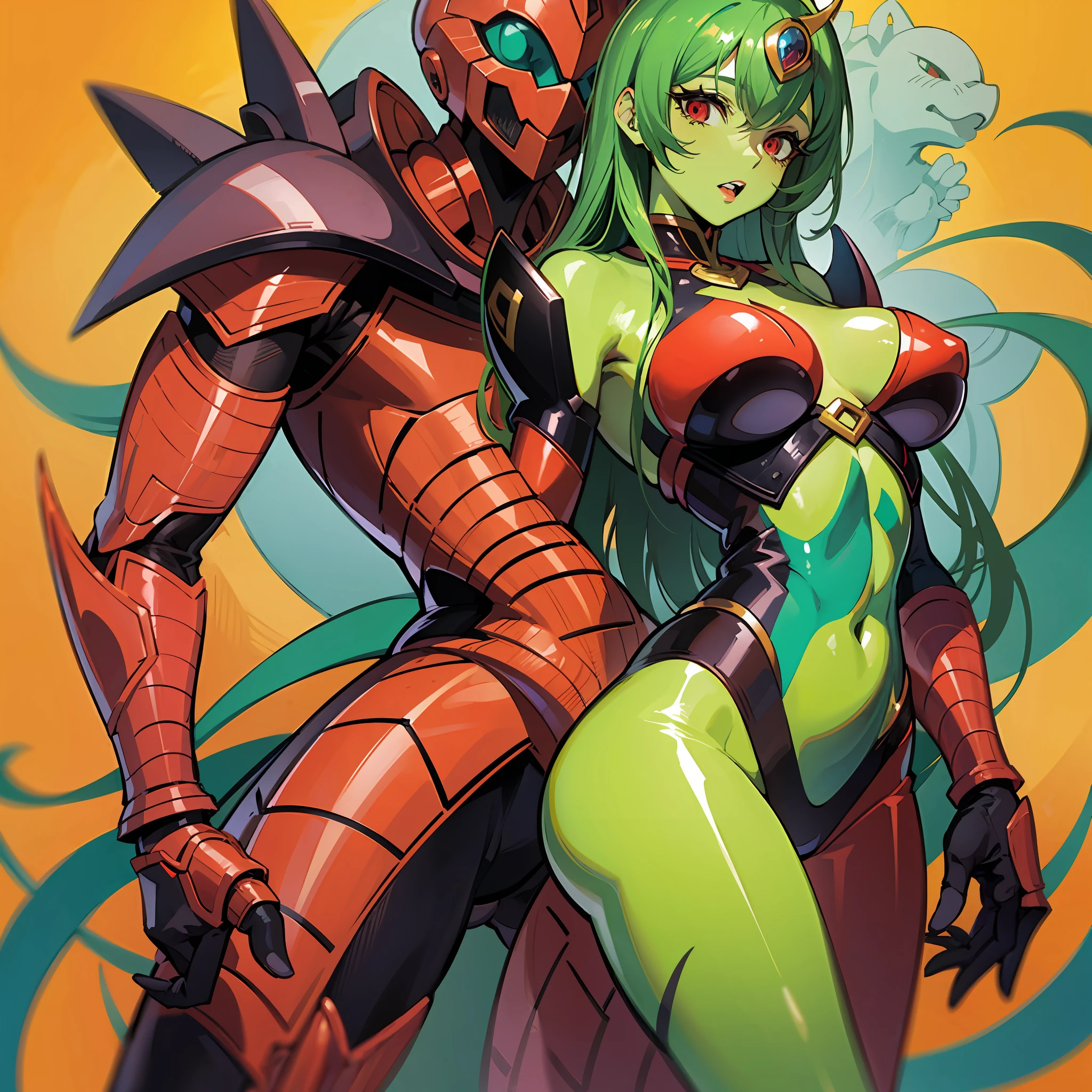 Cartoon photo of woman in green and red costume, hot insect humanoid woman, Guyver style, SFW version, red eye, scarab reploid, bellows tail, cel shade adult animation, alien queen, serpentine pose,