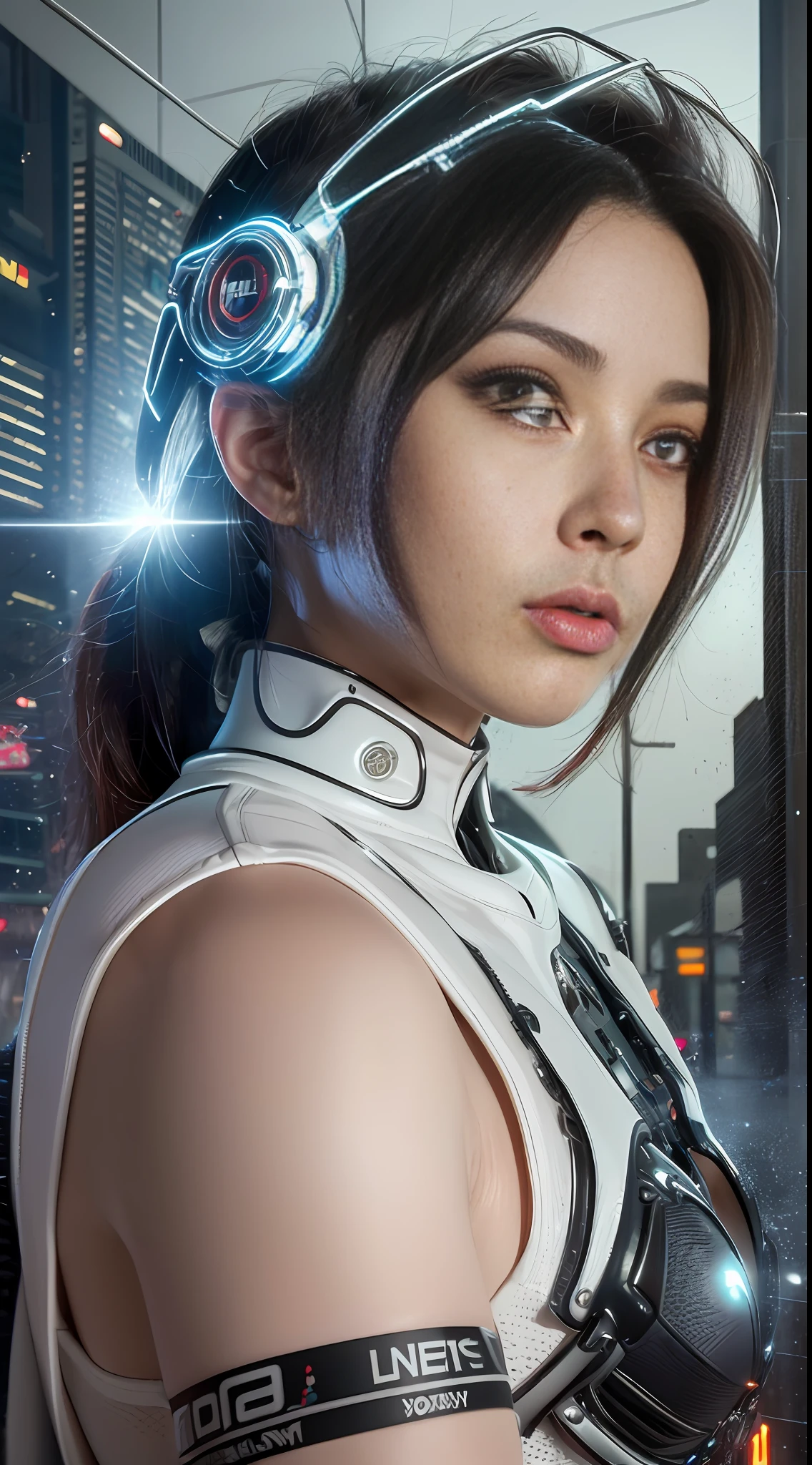 ((best quality)), ((masterpiece)), ((realistic)), (detailed), (photorealistic:1.5), a futuristic girl, (thick body), (white bodysuit), lights on armor, cybernetic headwear, looking at viewer, dynamic pose, post apocalyptic, destroyed city background, buildings on fire, science fiction, hdr, ray tracing, nvidia rtx, super-resolution, unreal 5, subsurface scattering, pbr texturing, post-processing, anisotropic filtering, depth of field, maximum clarity and sharpness, rule of thirds, 8k raw, (luminescent particles:1.4), (extremely detailed cg, unity 8k wallpaper, 3d, cinematic lighting, lens flare), reflections, sharp focus, cyberpunk art, cyberpunk architecture,