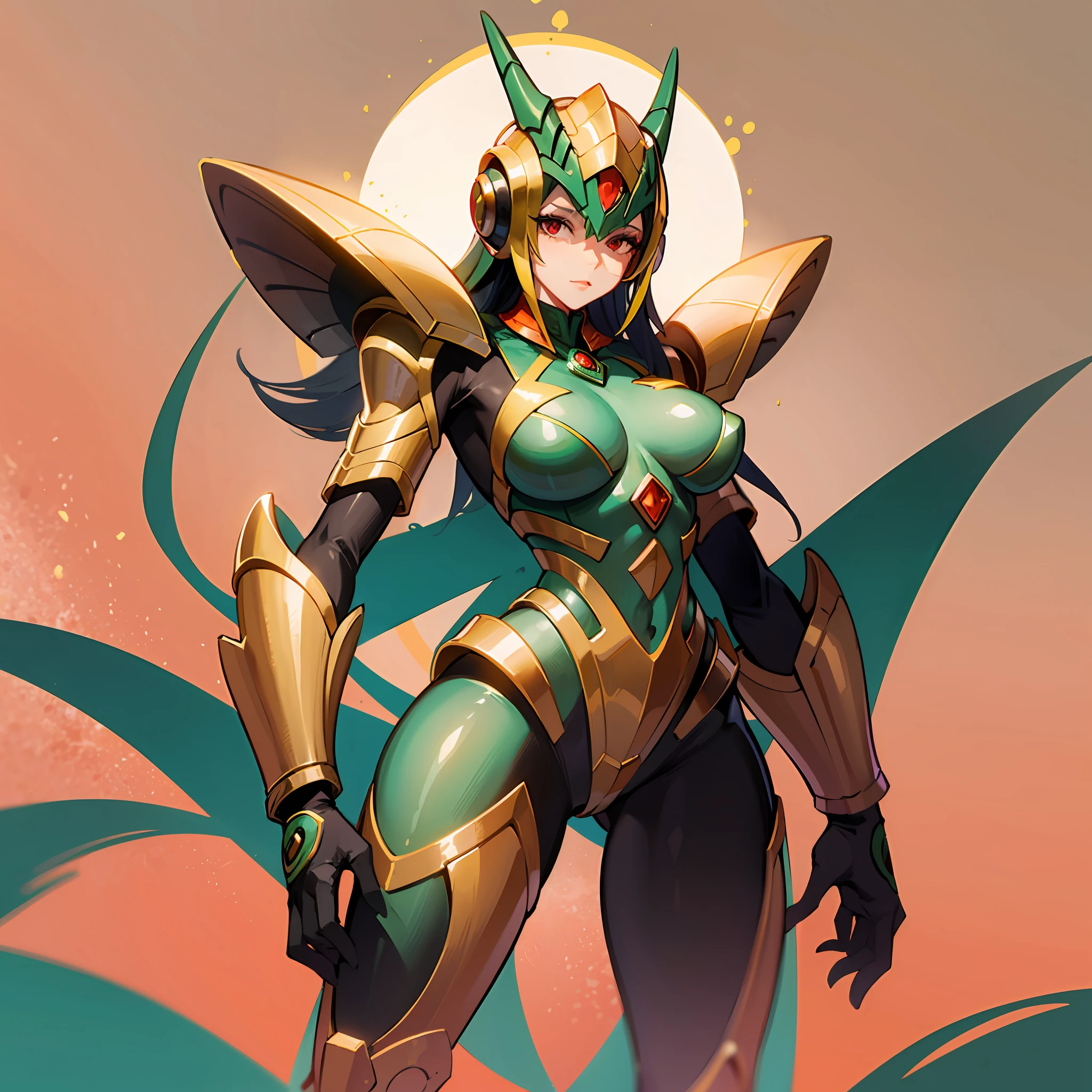 Cartoon photo of woman in green and red costume, hot insect humanoid woman, Guyver style, SFW version, red eye, scarab reploid, bellows tail, cel shade adult animation, alien queen, serpentine pose,