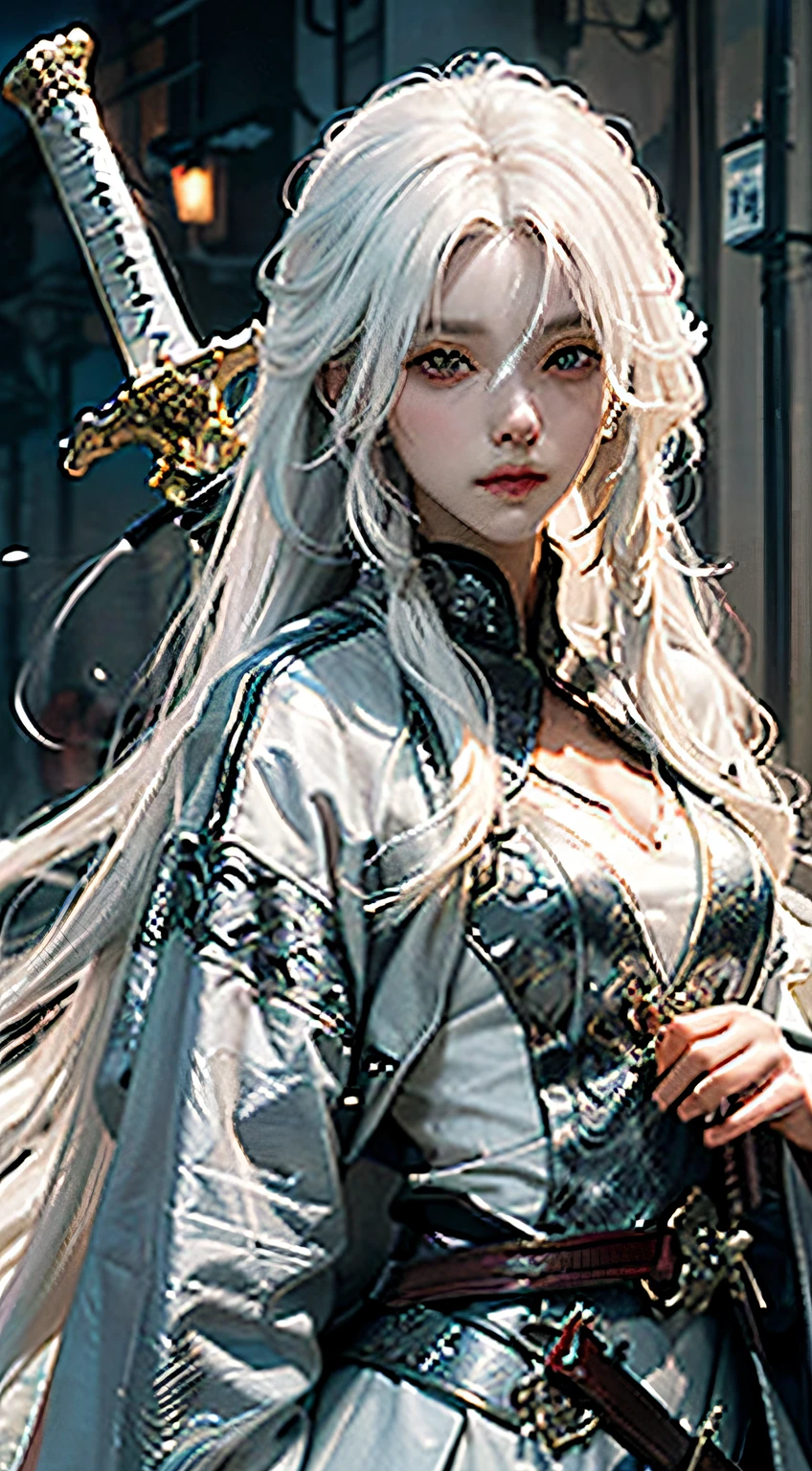 a close up of a person with white hair and a sword, white haired deity, with white long hair, with long white hair, artwork in the style of guweiz, white haired, guweiz, handsome guy in demon slayer art, beautiful character painting, by Yang J, white-haired, guweiz on pixiv artstation, anime character
