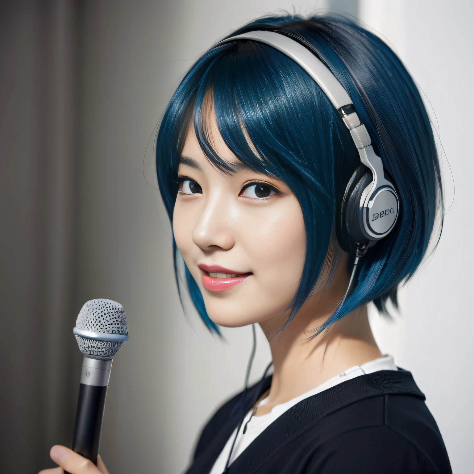 Capture a hyper-realistic and highly detailed image, (best quality, masterpiece:1.1), (realistic:1.4), 1girl,anime, ANIME , Speaking with a microphone, CHARACTER, REALISTIC, 3D, PERSON, MIX, blue hair, very short hair, 2D, MODEL, REAL PERSON, profile, woman, smile, full body, headphone